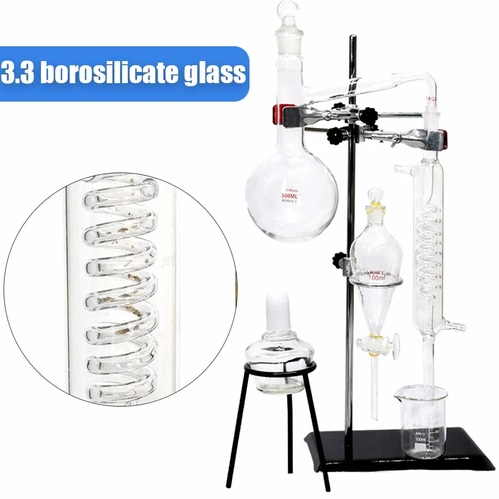 Professionelles 500 ml Chemieglas Dampfdestillationsgerät DIY ätherisches Öl Destillier-Kit Labor Glaswaren Kit mit verdicktem Flachmann Serpentin Kondensator