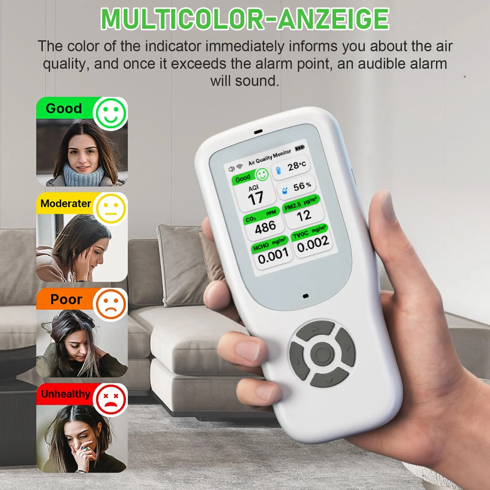 10 IN 1 Luftqualität Messgerät Melder, NDIR WiFi Luftqualitätsmonitor mit AQI/CO2/PM1.0/PM2.5/PM10/HCHO/TVOC, Temperatur & Luftfeuchtigkeit, Tragbar Formaldehyd-Detektor mit Smart APP für Haus Büro