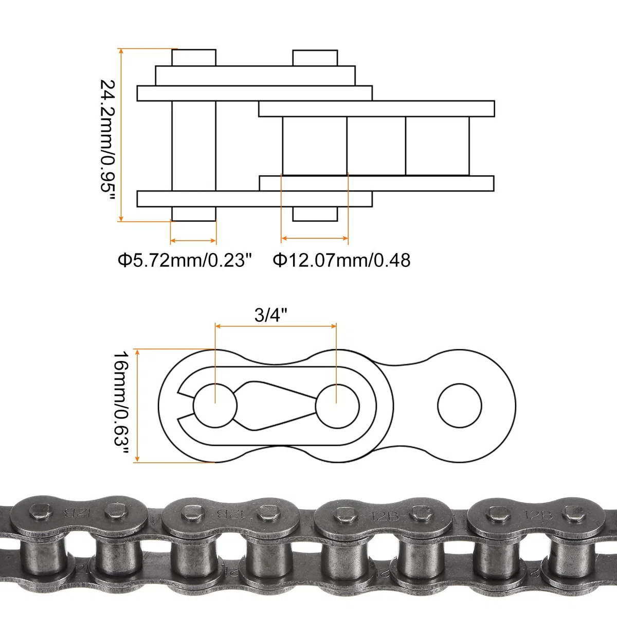 sourcing map 12B Metrisch Standard Rollenkette 5Ft Karbonstahl Ketten 3/4" Industrial Rollenkette Antrieb Kette für Motorrad Fahrrad Industrielle Maschinen -80 Verbindungen