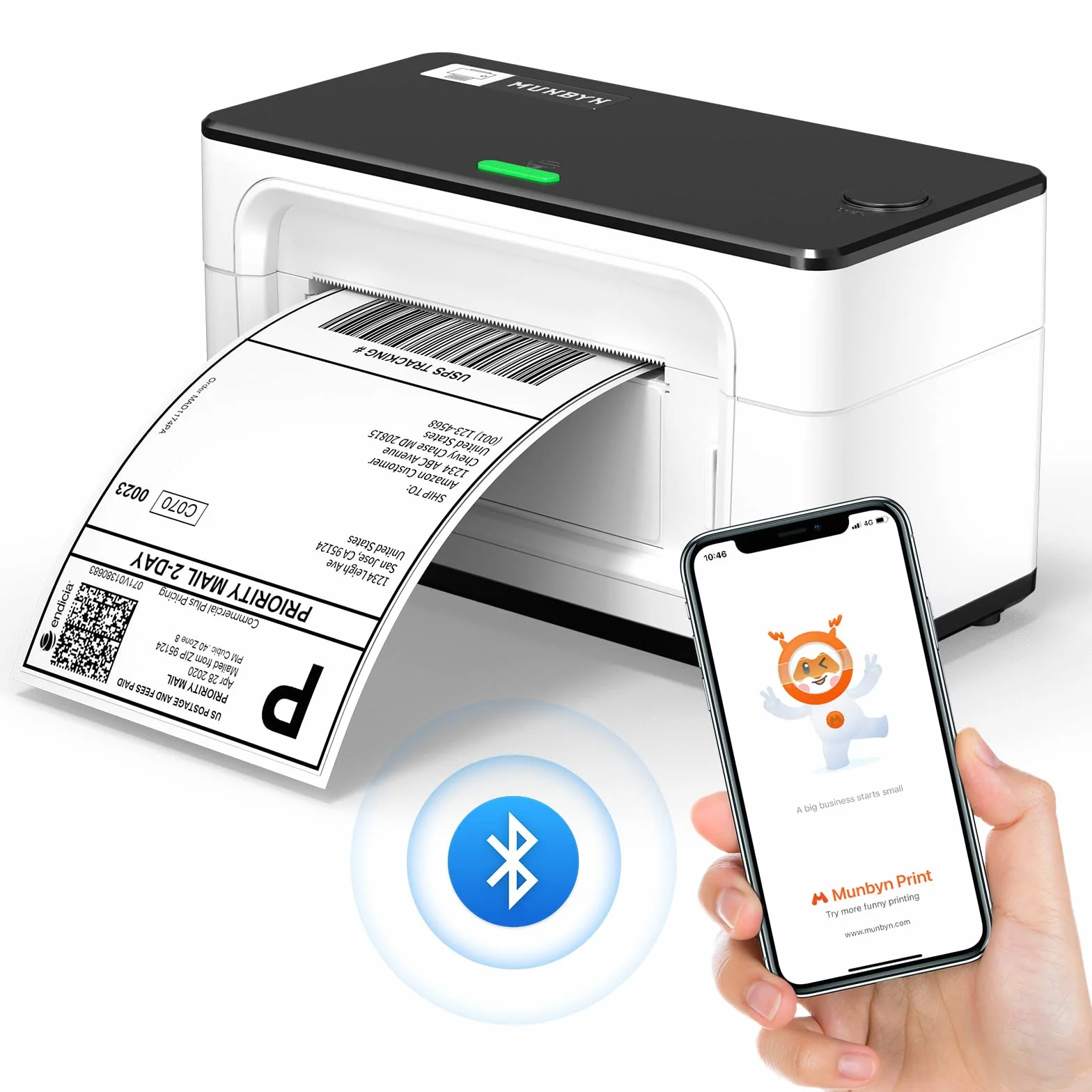 MUNBYN Etikettendrucker Bluetooth, Thermodrucker, Label Drucker 4x6 DHL UPS GLS Versandetiketten Drucker, Thermal Printer, Ettiketiergerät für Amazon, Etsy, Shopify, 941B, Weiß