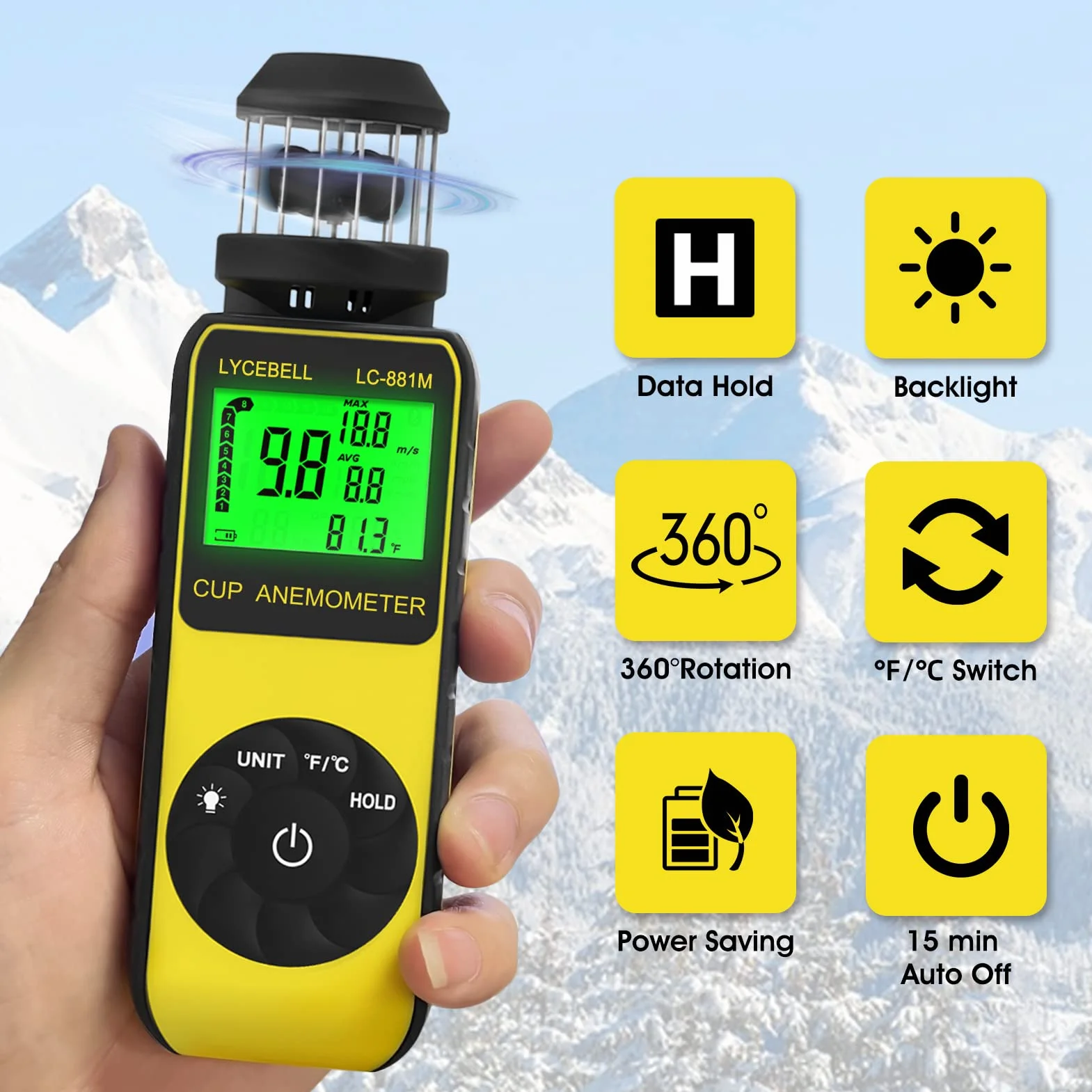Windmesser Windmessgerät, Handheld Digitaler Anemometer, Misst Windgeschwindigkeit und Temperatur mit Kompass, Wind Cup Anemometer für HVAC Vents, Surfen, Segeln(LC-881M)