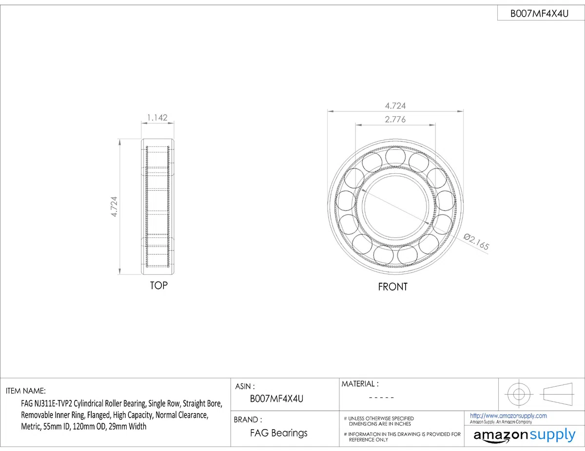 FAG NJ311E-TVP2 Zylinderrollenlager, einreihig, gerade Bohrung, abnehmbarer Innenring, Flansch, hohe Kapazität, normaler Abstand, metrisch, 55 mm Innendurchmesser, 120 mm Außendurchmesser, 29 mm Breite