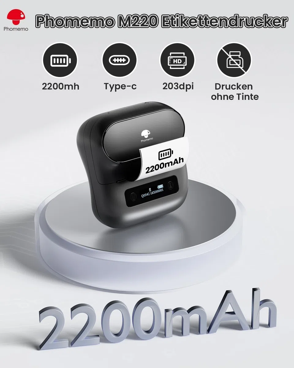 Phomemo M220 Etikettendrucker, Bluetooth Thermo Etikettenmacher,Tragbarer Etikettiergerät für Kleinunternehmen,Haushalt,Schule,Aufkleber Drucker mit 3 Rollen Selbstklebend Etiketten und 1 Etui