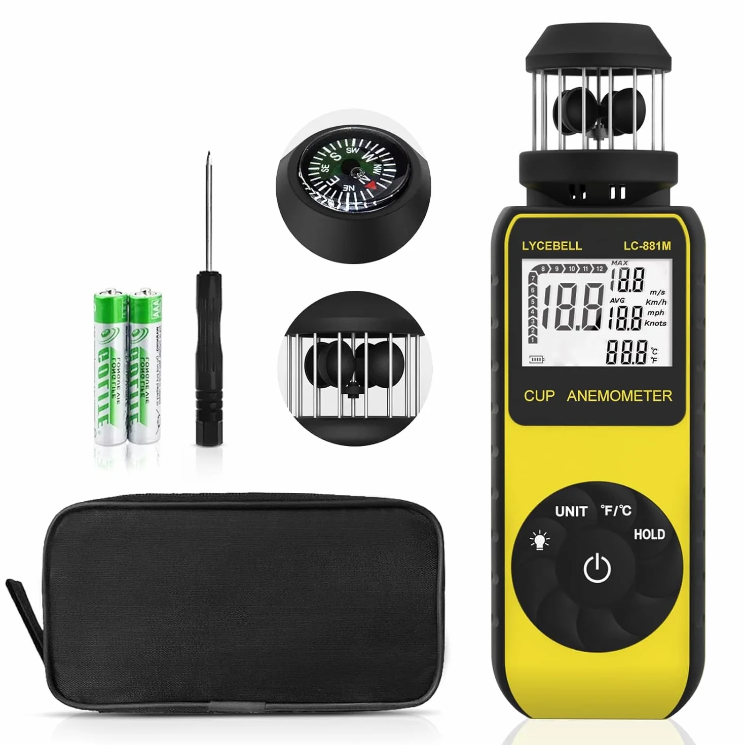 Windmesser Windmessgerät, Handheld Digitaler Anemometer, Misst Windgeschwindigkeit und Temperatur mit Kompass, Wind Cup Anemometer für HVAC Vents, Surfen, Segeln(LC-881M)