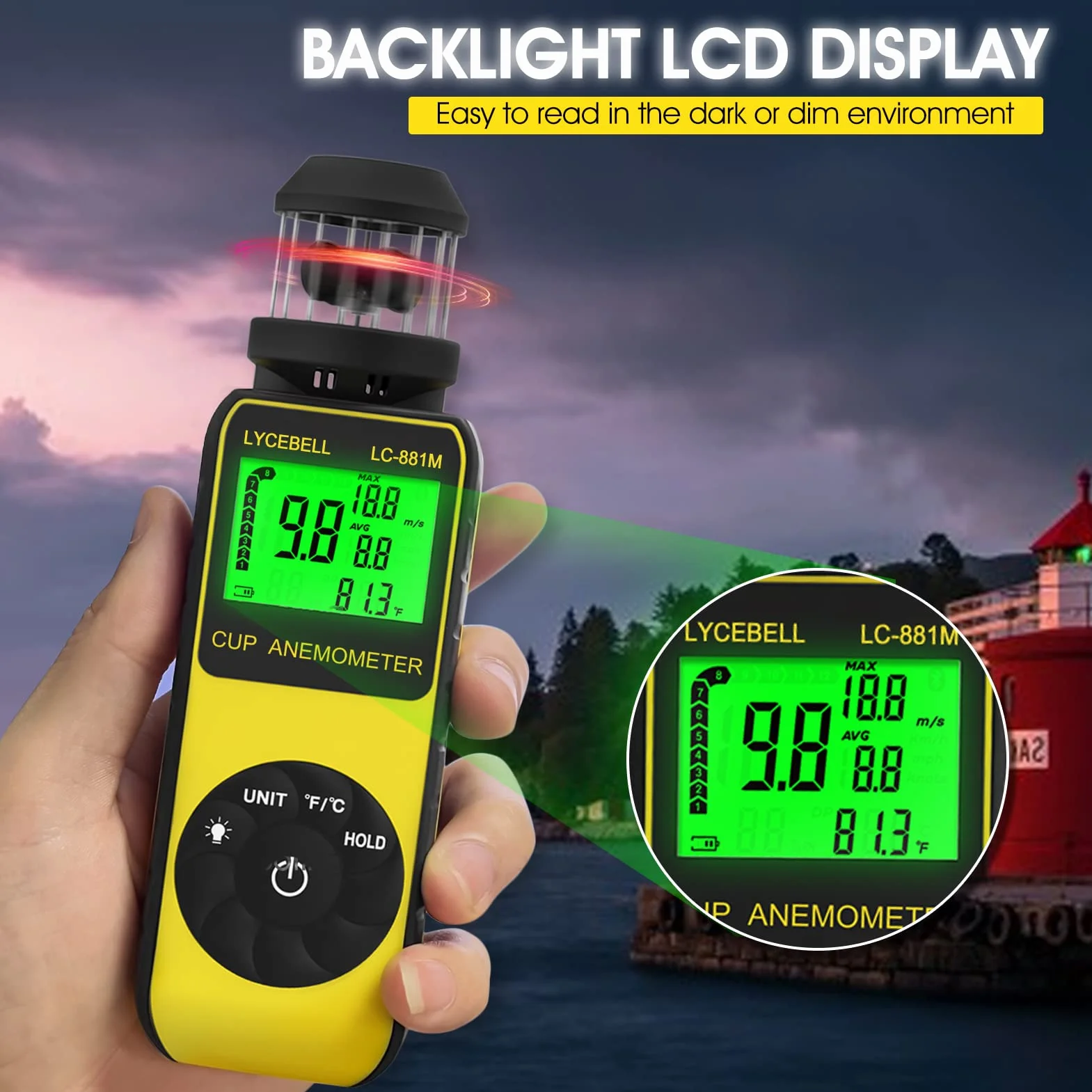 Windmesser Windmessgerät, Handheld Digitaler Anemometer, Misst Windgeschwindigkeit und Temperatur mit Kompass, Wind Cup Anemometer für HVAC Vents, Surfen, Segeln(LC-881M)