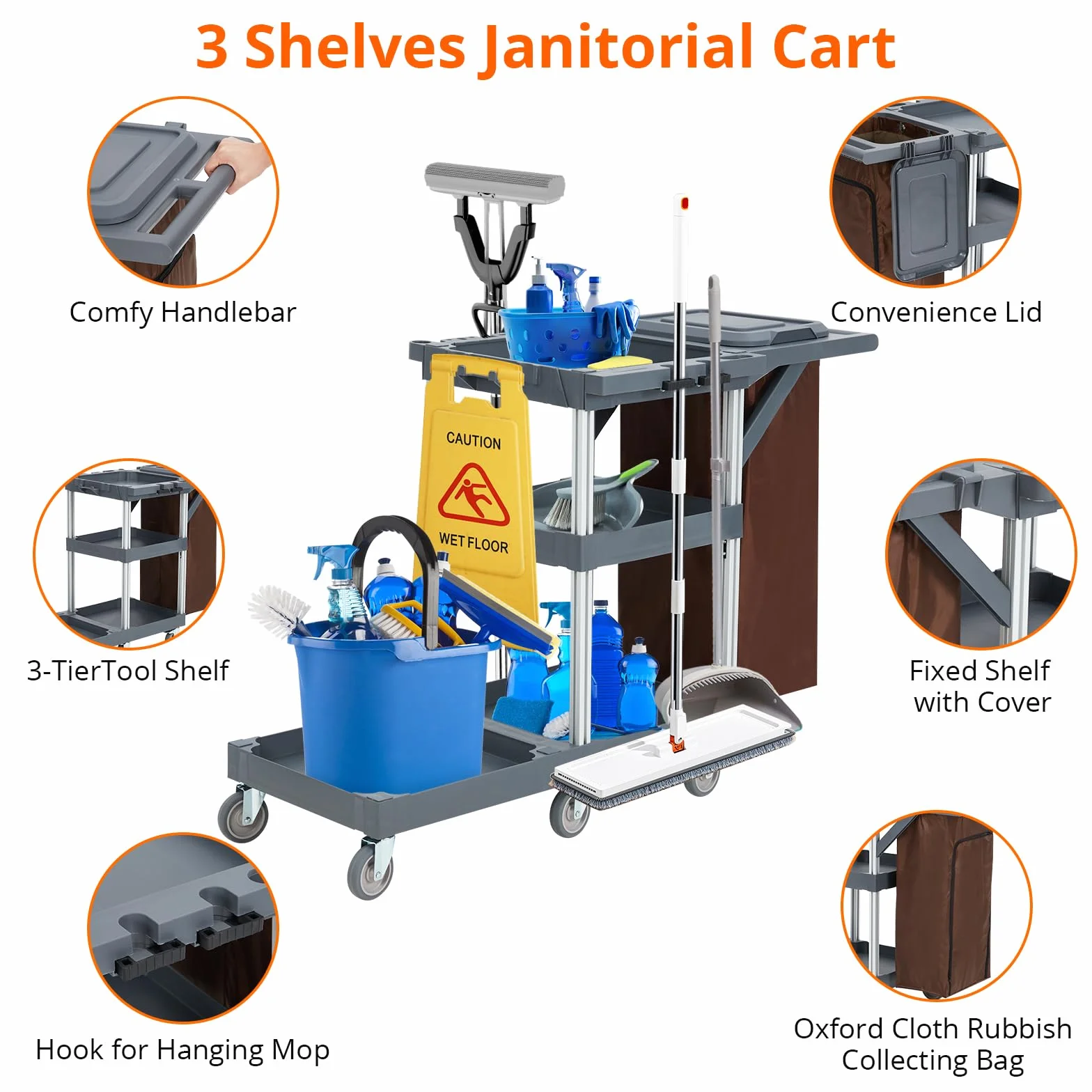 Putzwagen Reinigungswagen,Servierwagen Mit Rollen 6 Mit Abdeckung Und Vliesbeutel Putzwagen für Haushalte Hotels Designbis zu 136 Kg Belastbar. Maße: 95 cm (T) x 49 cm (B) x 22 cm (H)