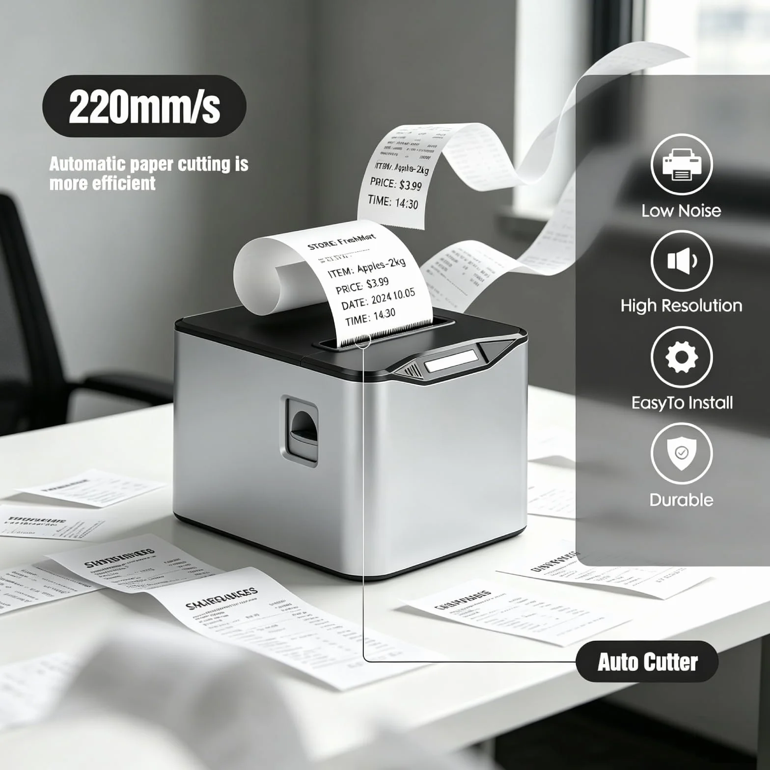Bisofice Bondrukcer 80mm Thermodrucker Bondrucker Belegdrucker 220 mm/s Quittungsdrucker USB+LAN, Unterstützt die Steuerung der Kassenschublade, ESC/POS, Kompatibel mit Win/Linux/MAC