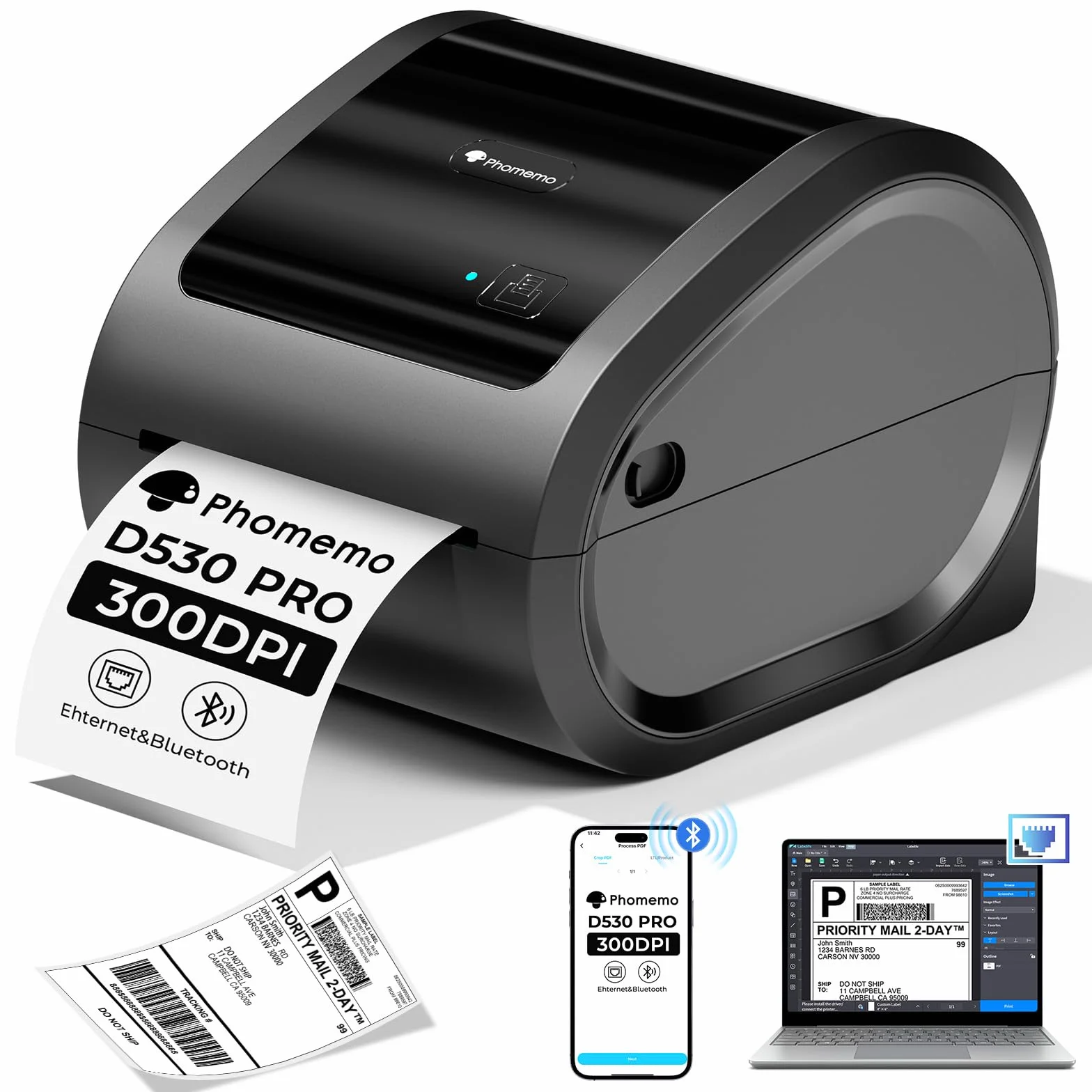 Phomemo Ethernet Versandetiketten Drucker, 300dpi Etikettendrucker für Unternehmen, Thermodrucker Unterstützt Ethernet, Bluetooth und USB, Kompatibel mit Amazon, DHL, Vinted, Etsy, UPS, FedEx, DPD