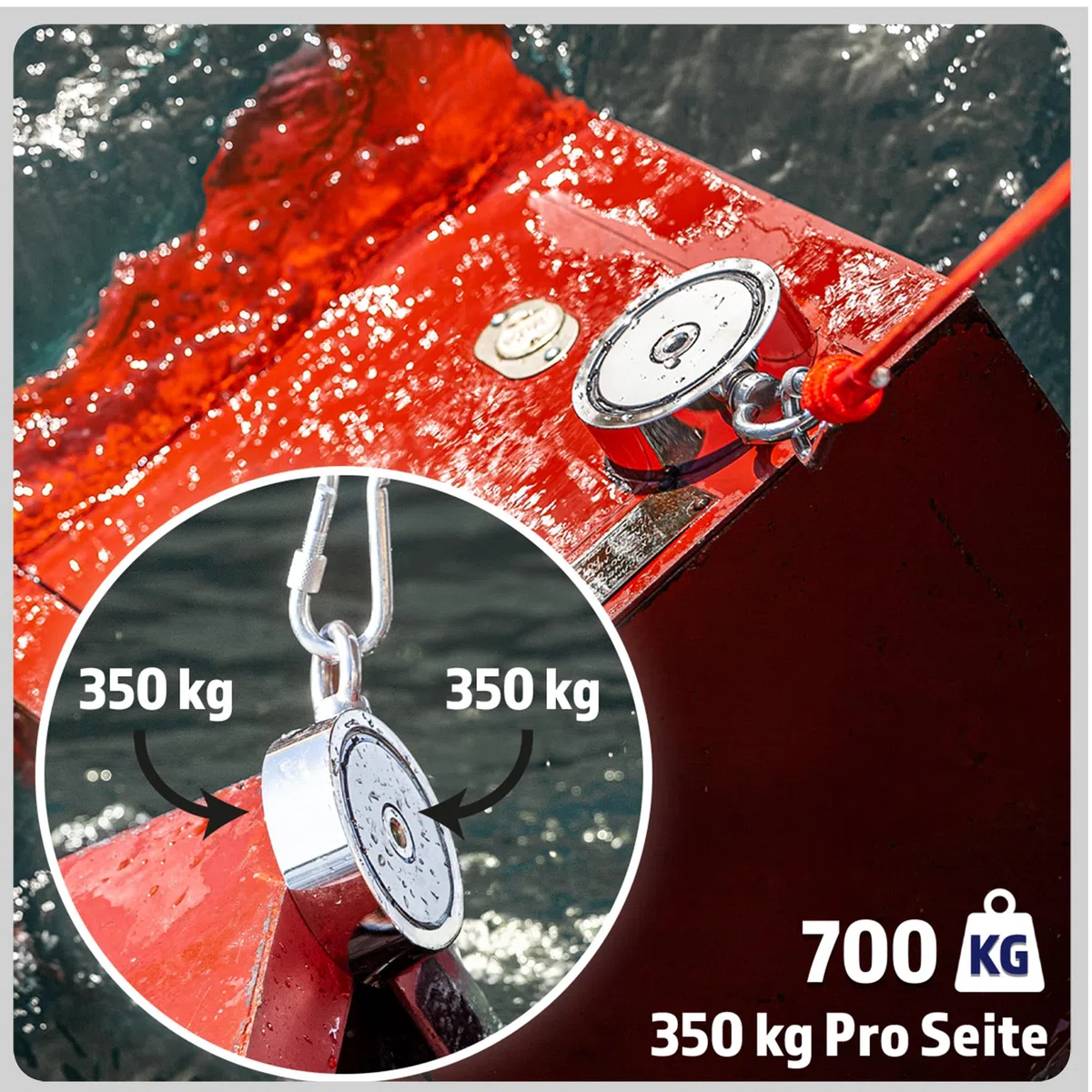 MAGFISHION Magnetfischen Mega Set - 700 KG (2 x 350KG) - Ø94mm - Neodym Magnet mit 2 Seilen, Greifhaken & Handschuhe - Magnet Fischen Angel - Ösenmagnet - Fishing Magnetangel - Magnetangeln Set