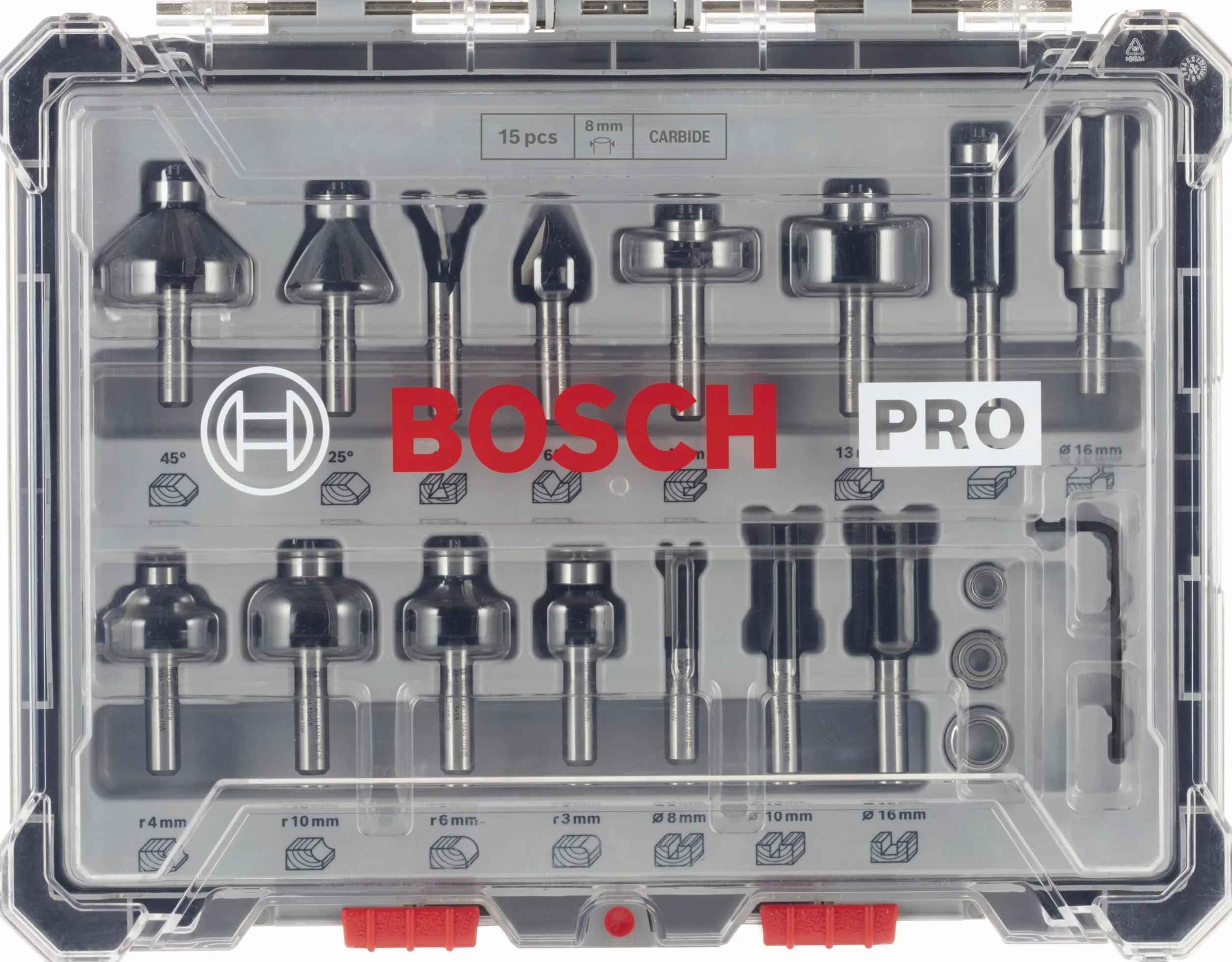 Bosch 15x PRO Fräser-Set gemischt (für Weichholz, Hartholz, Ø 13/16/13/35/25/16/32/32/27/29/19/25/8/10/16 mm, Professional Zubehör Handfräse, Kantenfräse)