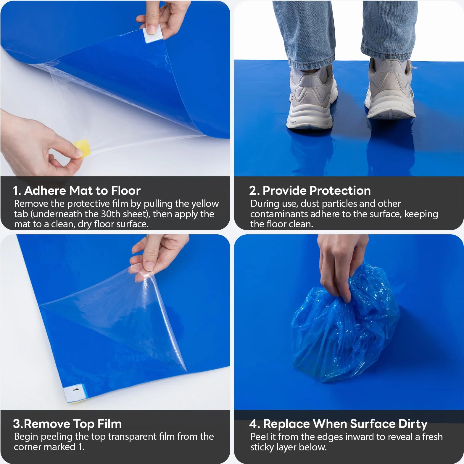 Blau Boden Klebrige Matten 120 Blatt (4 Blöcke à 30 Blatt), 60 x 90 cm Reinraum Klebematte Tearable Selbstklebende Staubfreie Klebematte Reinigungs für Das Home, Labor, Office, Krankenhaus, BAU