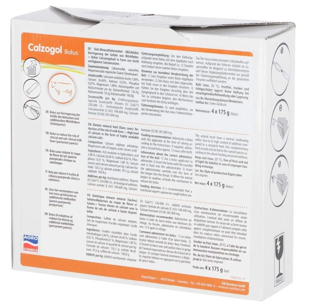 Kerbl Calzogol Bolus | 4 x 175 g | Ergänzungsfuttermittel für Milchkühe | Zum Ausgleich von Calziummangel zur Laktation nach der Kalbung | Hoher Gehalt an Calzium