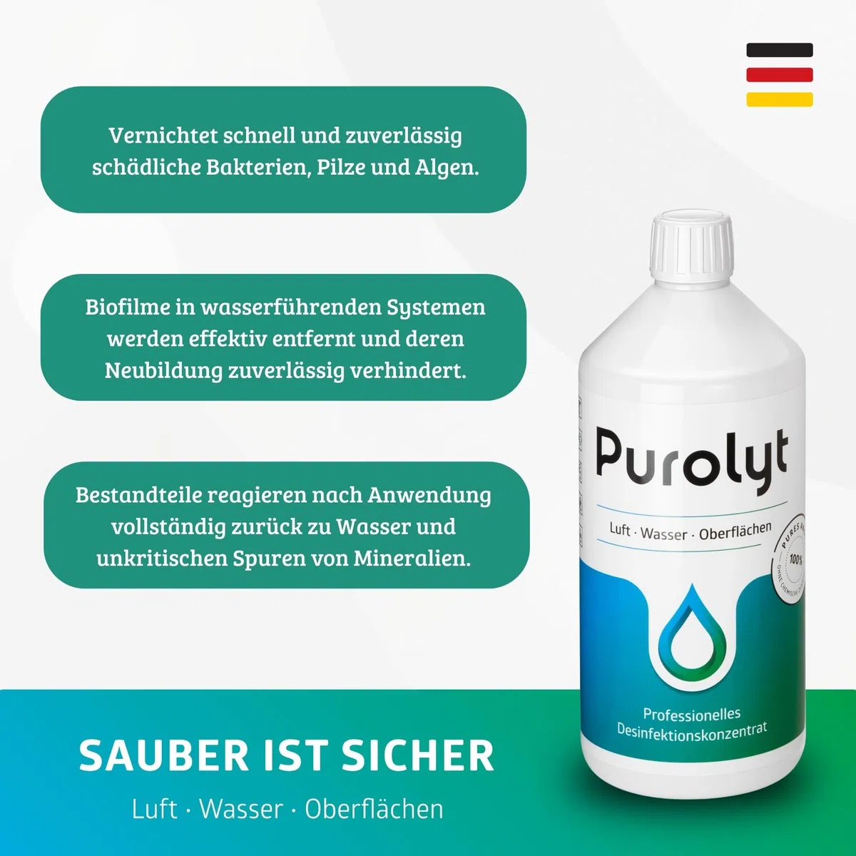 Purolyt Desinfektionskonzentrat 1L HOCl Gewächshaus Hydrokultur | Ergiebige 1L-Größe. Für Bio-Produktion zugelassen (EG) Nr. 834/2007. Vegan, alkoholfrei – Dermatest sehr gut.