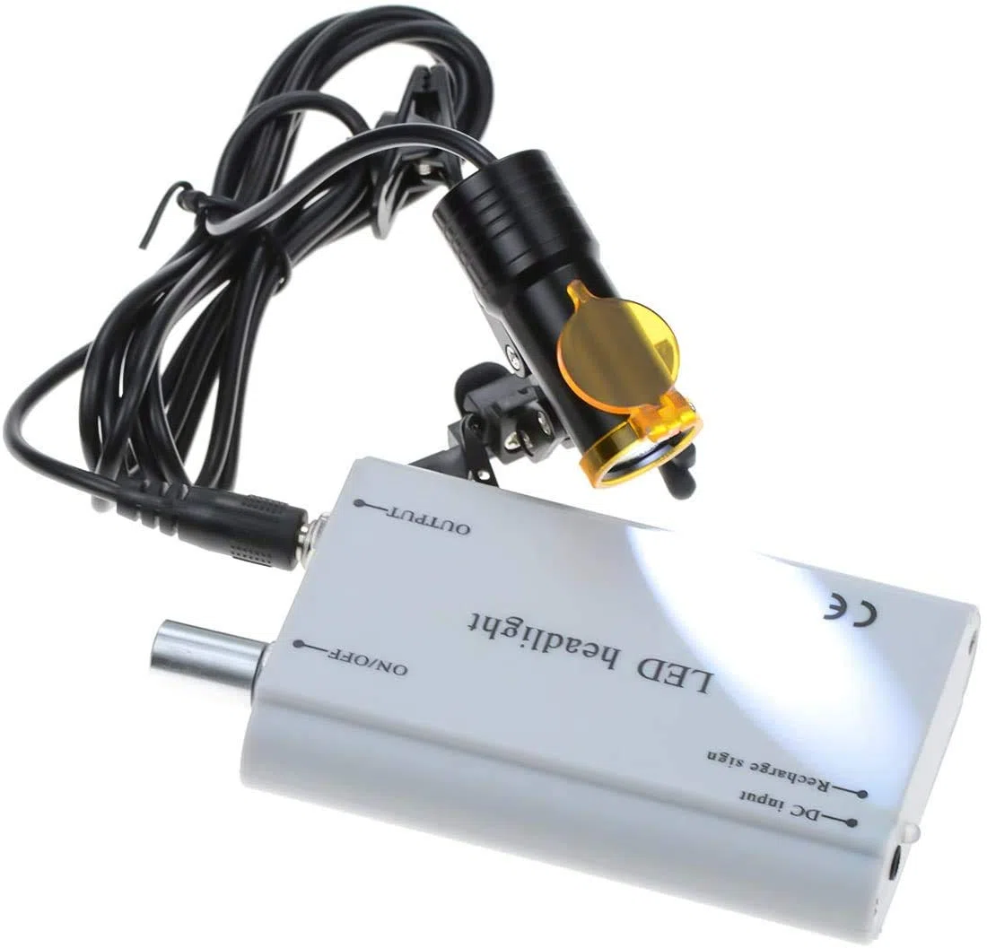 BONEW Zahnärztliche chirurgische Stirnlampe 5 W LED-Hochleistungs-Leuchte mit hoher Helligkeit, batteriebetrieben, mit Filter, Clip-on-Typ + Stofftasche für alle Brillen (Silber)