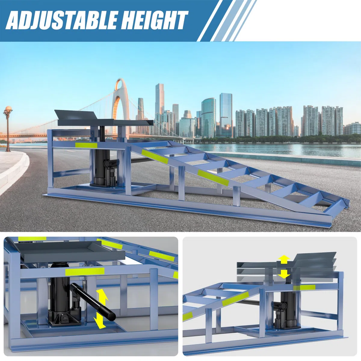 LARBANKE Auffahrrampe mit Hydraulischem Wagenheber,5T Stahlfahrzeug Hydraulik Auffahrrampe,Garage Fahrzeug Heben Hydraulikrampen mit Reflektierende Klebeband,Höhenverstellbar