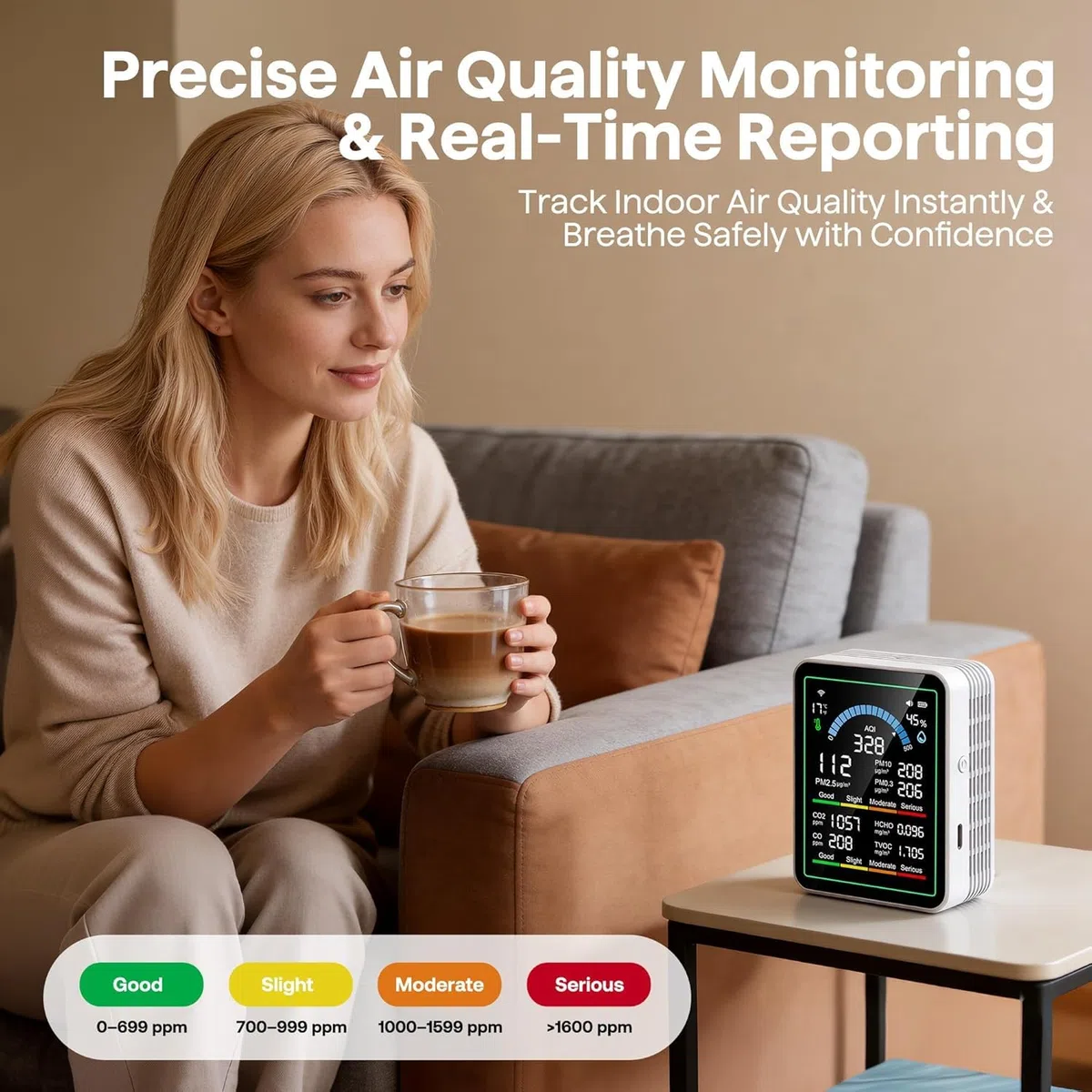 Air Quality Monitor Indoor, 10 in 1 Portable Smartair Quality Tester for CO2 | CO | TVOC | HCHO | Temp | AQI | PM0.3-1 Detection Hum for Home Cars Plants, Pets, Car, Hotel (Black)