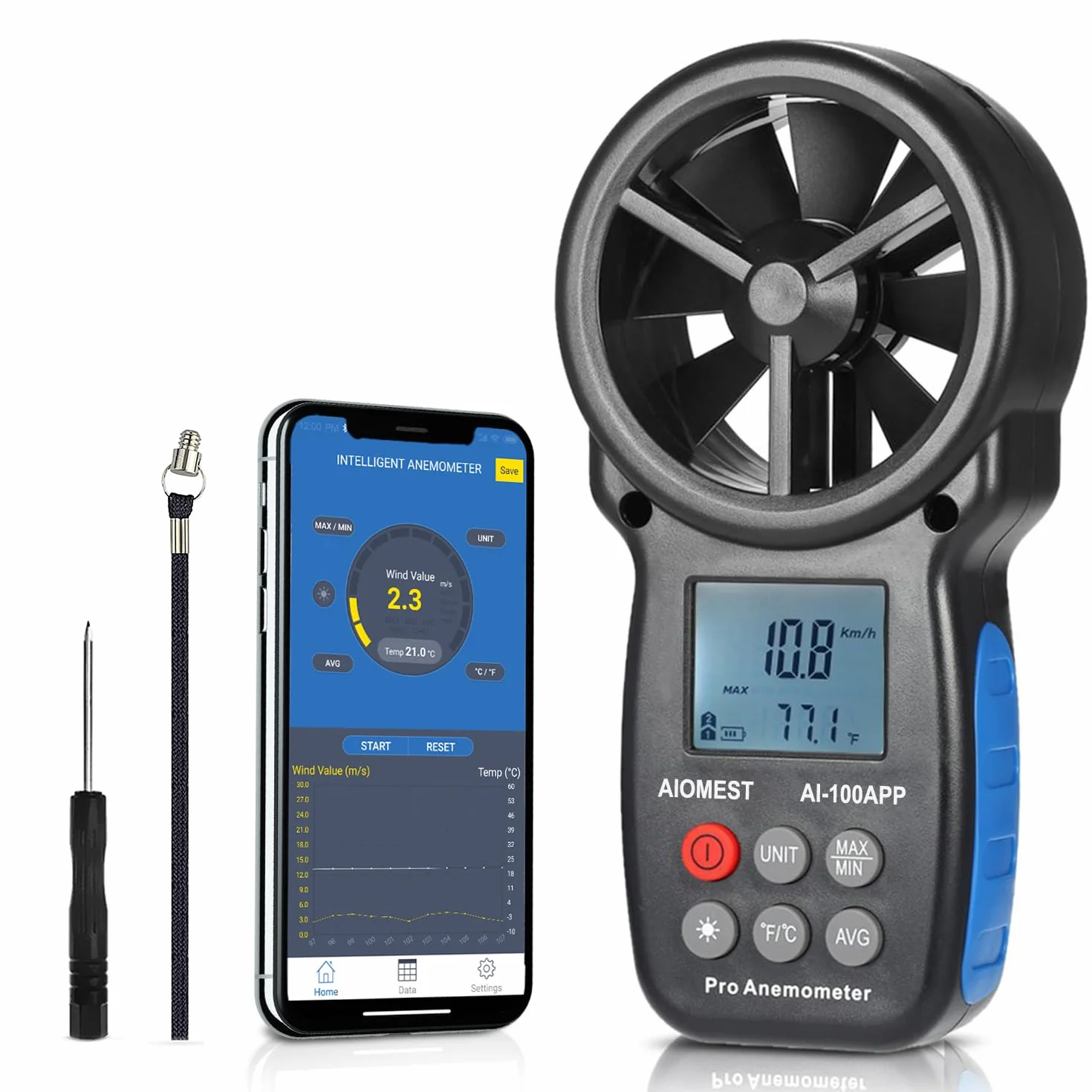 AIOMEST Bluetooth Anemometer Windmessgerät mit App, Portable Luftgeschwindigkeit Messgerät AI-100APP mit Data Logger, RLT-Anlage Windmesser Luftstrommessgerät Tragetasche
