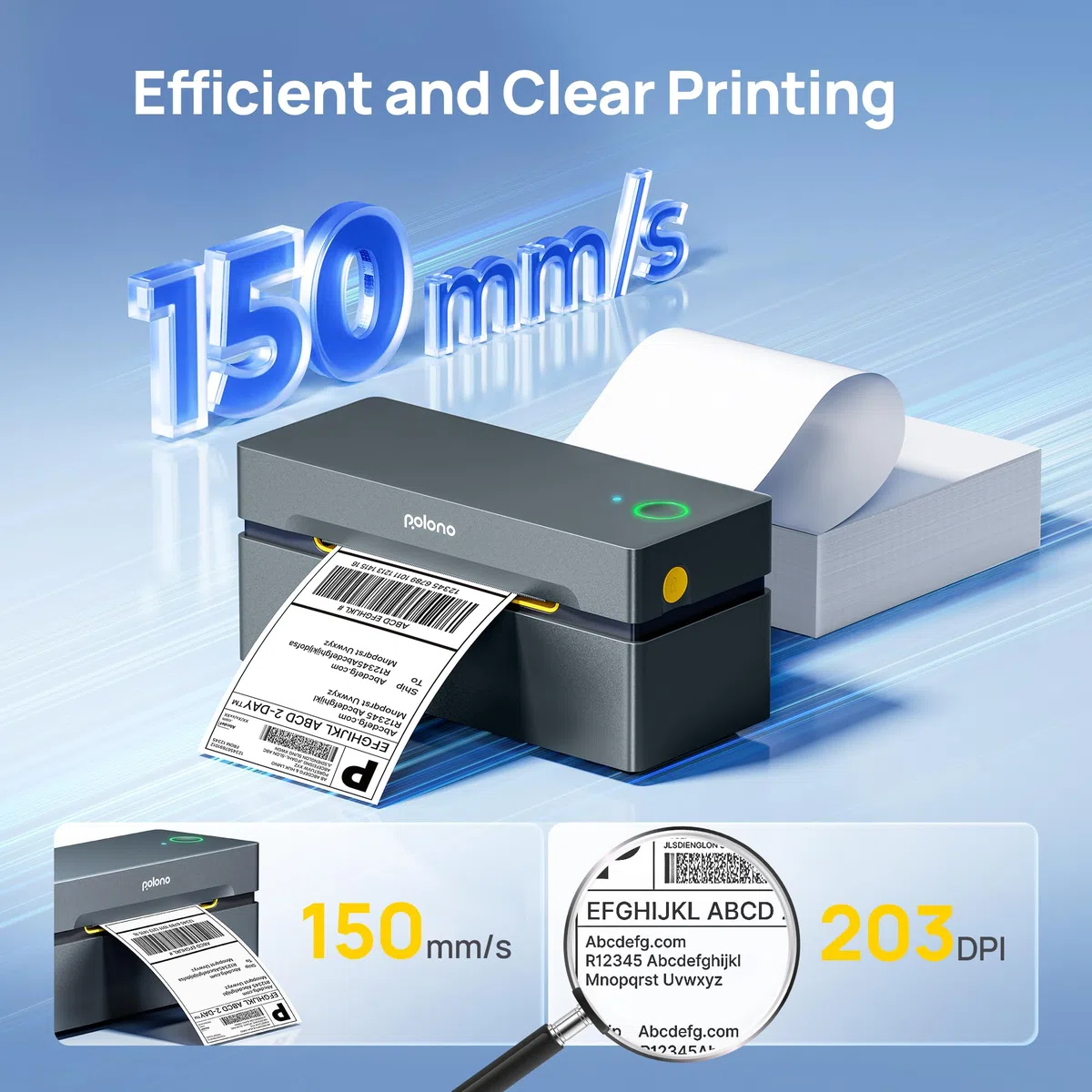 POLONO DHL Etikettendrucker Bluetooth, 4x6 Thermodrucker Versandetiketten Drucker, Ettikettendrucķer Label Printer Kompatibel mit Amazon, Shopify, Etsy, USPS, iOS, Android, Windows, Mac (Grau)