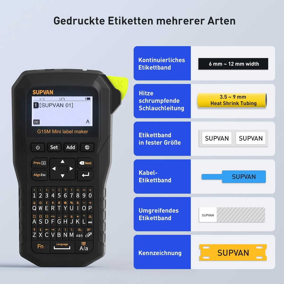 SUPVAN G15M Mini Etikettendrucker mit 4 Rollen,ideal für den Außenbereich | Thermotransferdruck,Kompatibel mit verschiedenen Etikettentypen, Bluetooth Verbindung, App und Tastatur, 5 mm Rand, aufladbar