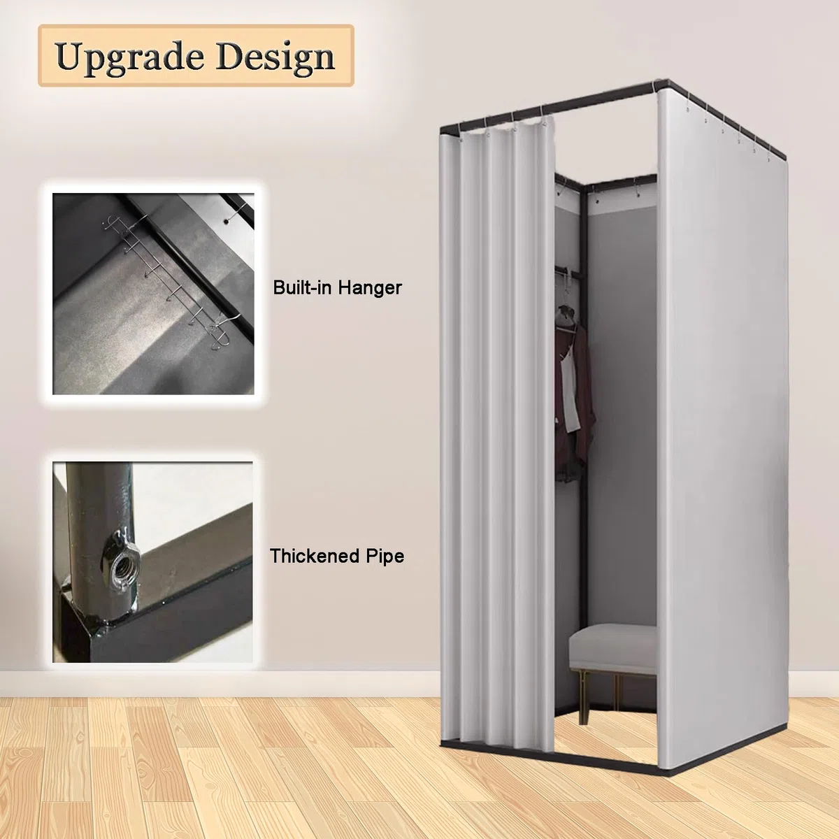 TEENKON Umkleidekabine Freistehend, Bodenstehende Tragbarer Umkleideraum für Büro Einkaufszentrum Bekleidungsgeschäft Fotostudios Boutiquen, Einfach Beweglicher Anproberaum (Grau, 120x120x200 cm)