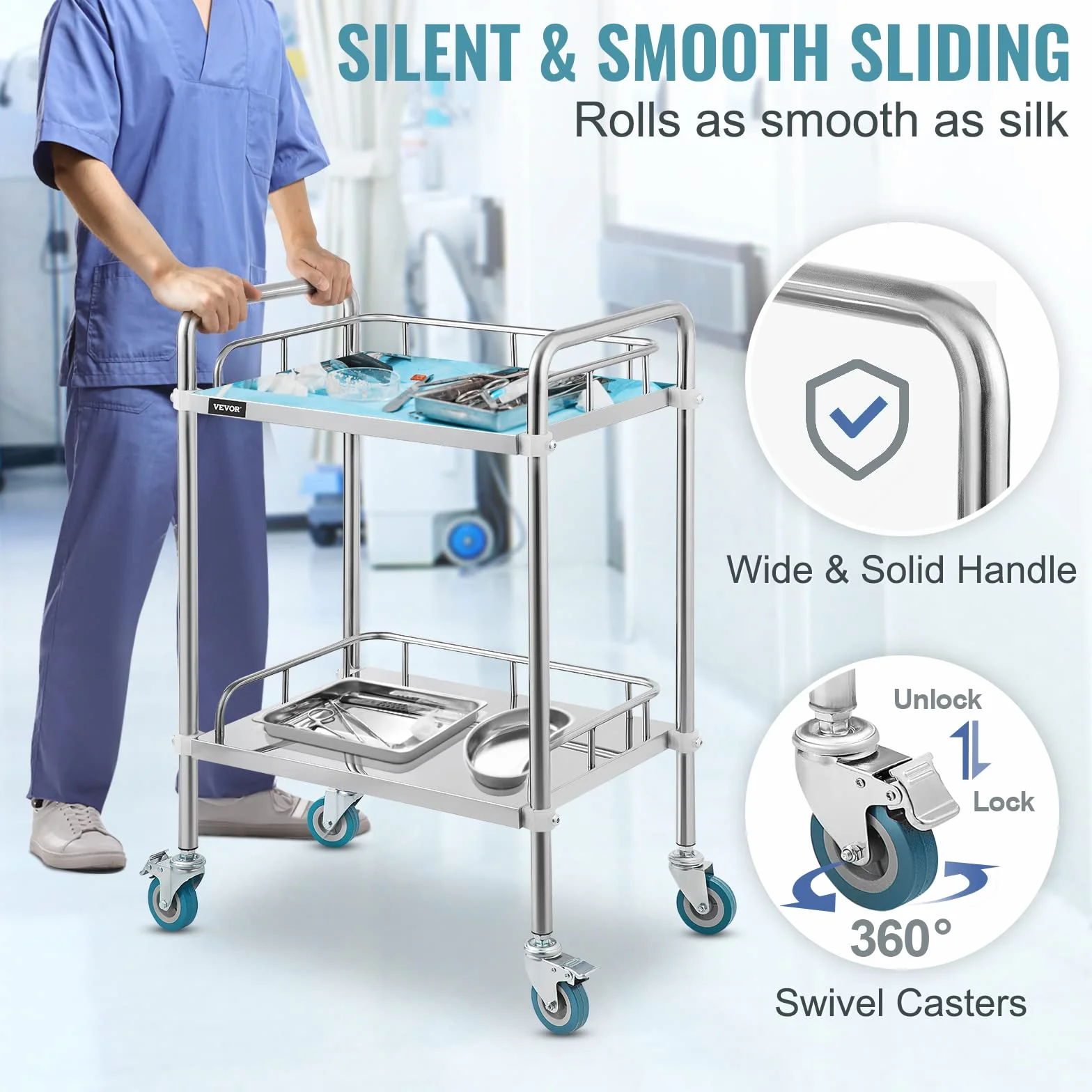 VEVOR Servierwagen Edelstahl Serving Lab Trolley 2 Böden Laborwagen Tragbar Abräumwagen Medical Dental Lab Cart Transportwagen Rollwagen Medizinisch Universalräder Zwei Fußbremsen Breite Anwendung
