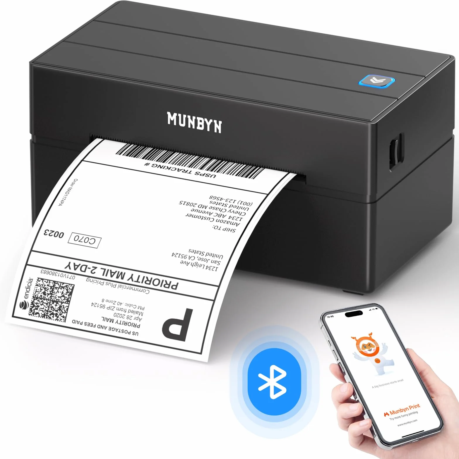 MUNBYN DHL Etikettendrucker Bluetooth, Label Printer 4x6 Versandetiketten Drucker, Thermodrucker Labeldrucker für Shopify, Etsy, DHL, DPD, GLS, UPS, mit 25 Etiketten, Ohne Tinte, 130B Schwarz