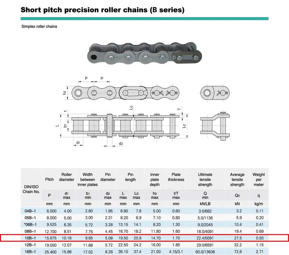 PTI Rollenkette Typ 10 B-1 (5M), zertifizierte Industriequalität, Markenware (5/8 x 3/8'') DIN8187