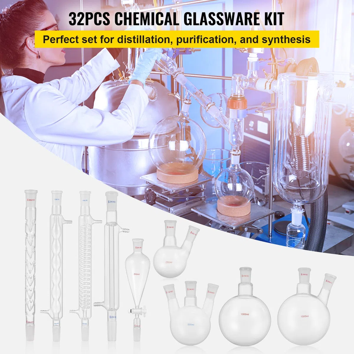 Chrisun Labor-Gläserwaren-Set, 32-teilig, Ausrüstung für Destillation, Labor, Chemie, Borosilikatglas, 3,3 Bio, Glaswaren, Labormaterial, Laborglas