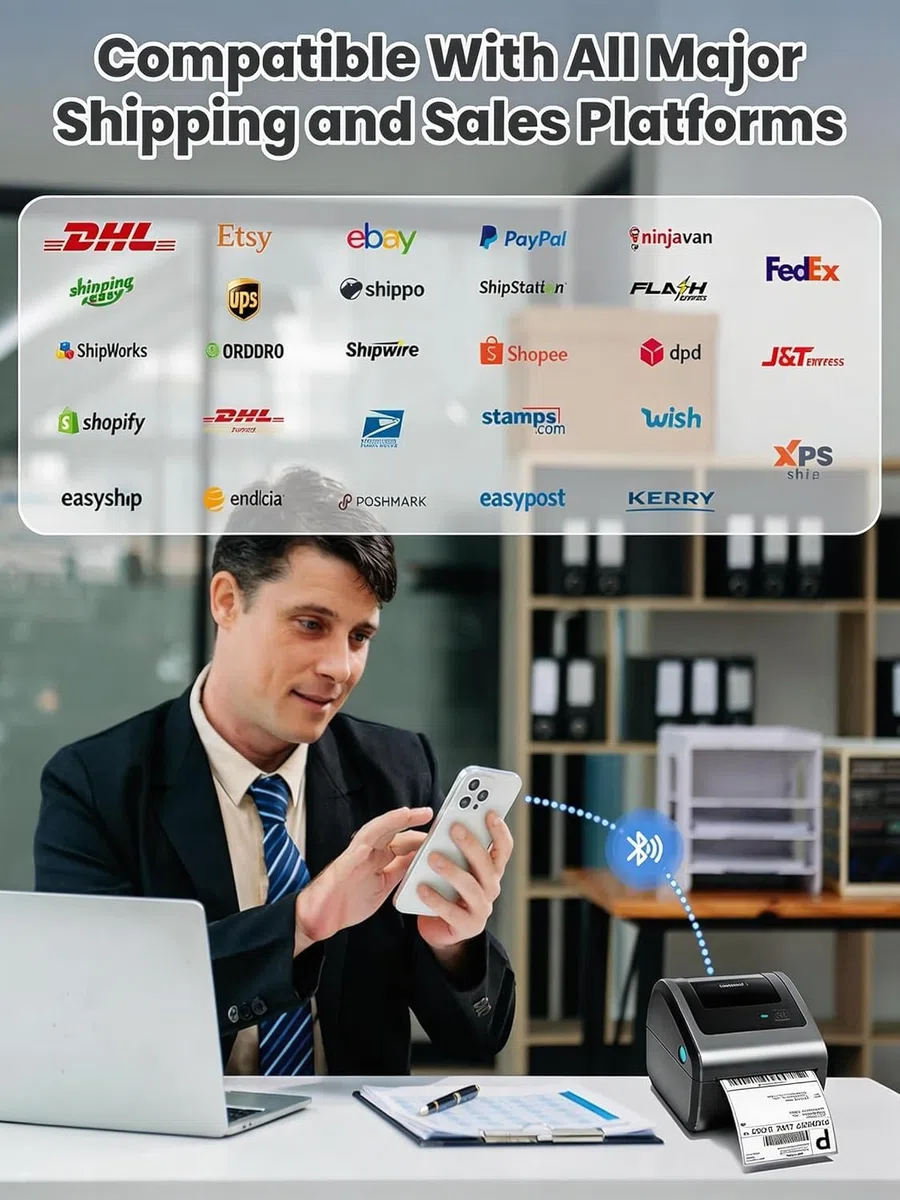 Phomemo Bluetooth Etikettendrucker DHL, D450BT Versandetiketten Drucker Wird mit 3 Rollen à 250 Etiketten im Format 4 x 6 Zoll, Labeldrucker Kompatibel mit Amazon, DHL, Vinted, Etsy, UPS, FedEx, DPD