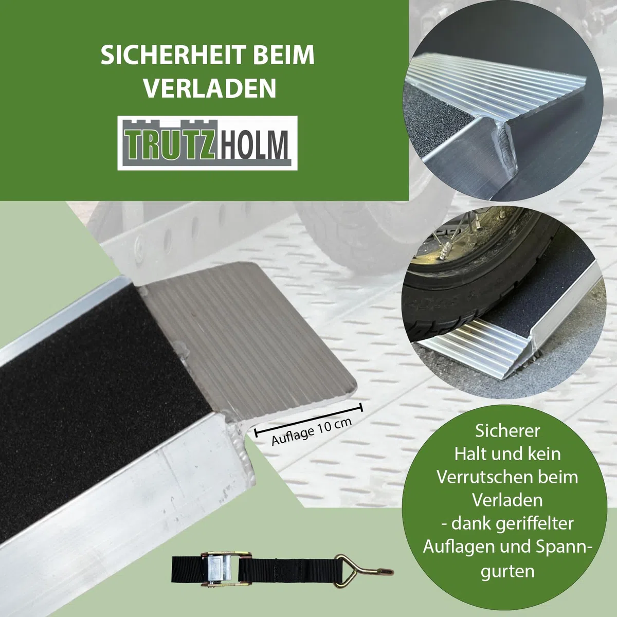 TRUTZHOLM 1x Auffahrrampe klappbar 228 cm 340 kg Traglast Aluminium Rampe mit Friktionsbeschichtung Anti Rutsch Motorradrampe Fahrradrampe E-Bike Rampe inkl. Spanngurt