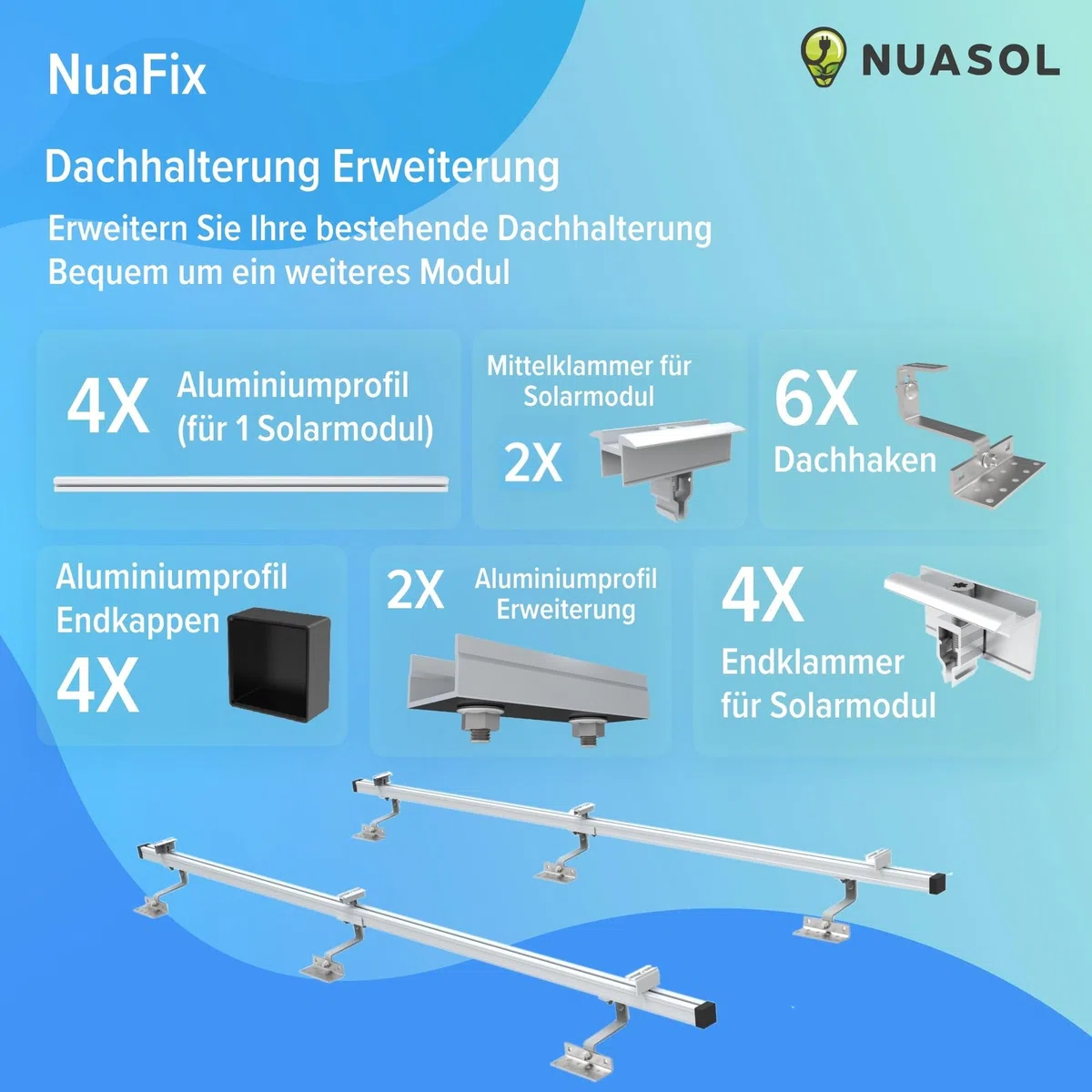 PV Halterung Ziegeldach Set 2 Module – Solarmodul & Solarpanel Halterung | Balkonkraftwerk Dachmontage | Dachhaken inkl. Aluprofil, Schienen, 35mm Endklammern | bis 115/230 cm Breite | Silber