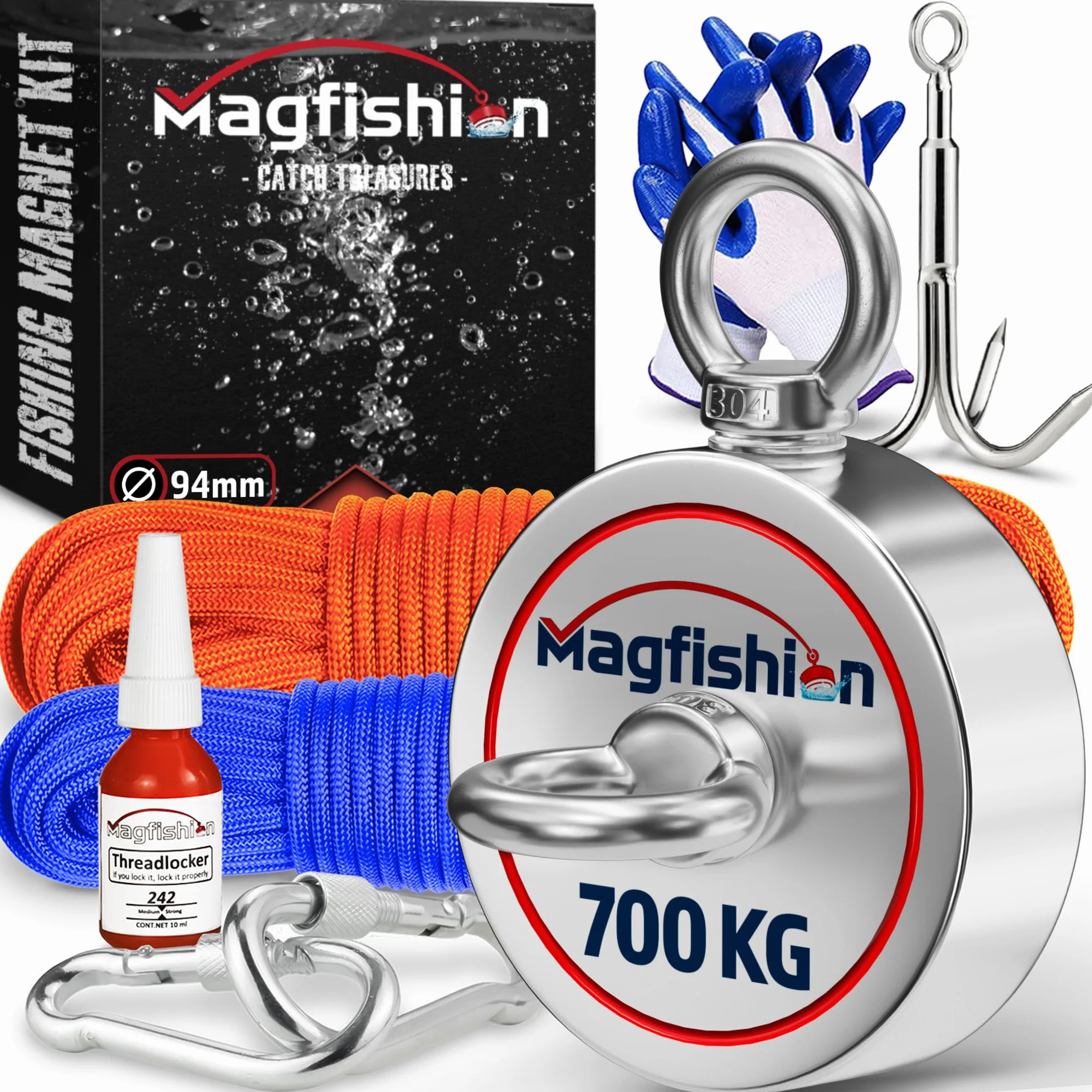 MAGFISHION Magnetfischen Mega Set - 700 KG (2 x 350KG) - Ø94mm - Neodym Magnet mit 2 Seilen, Greifhaken & Handschuhe - Magnet Fischen Angel - Ösenmagnet - Fishing Magnetangel - Magnetangeln Set