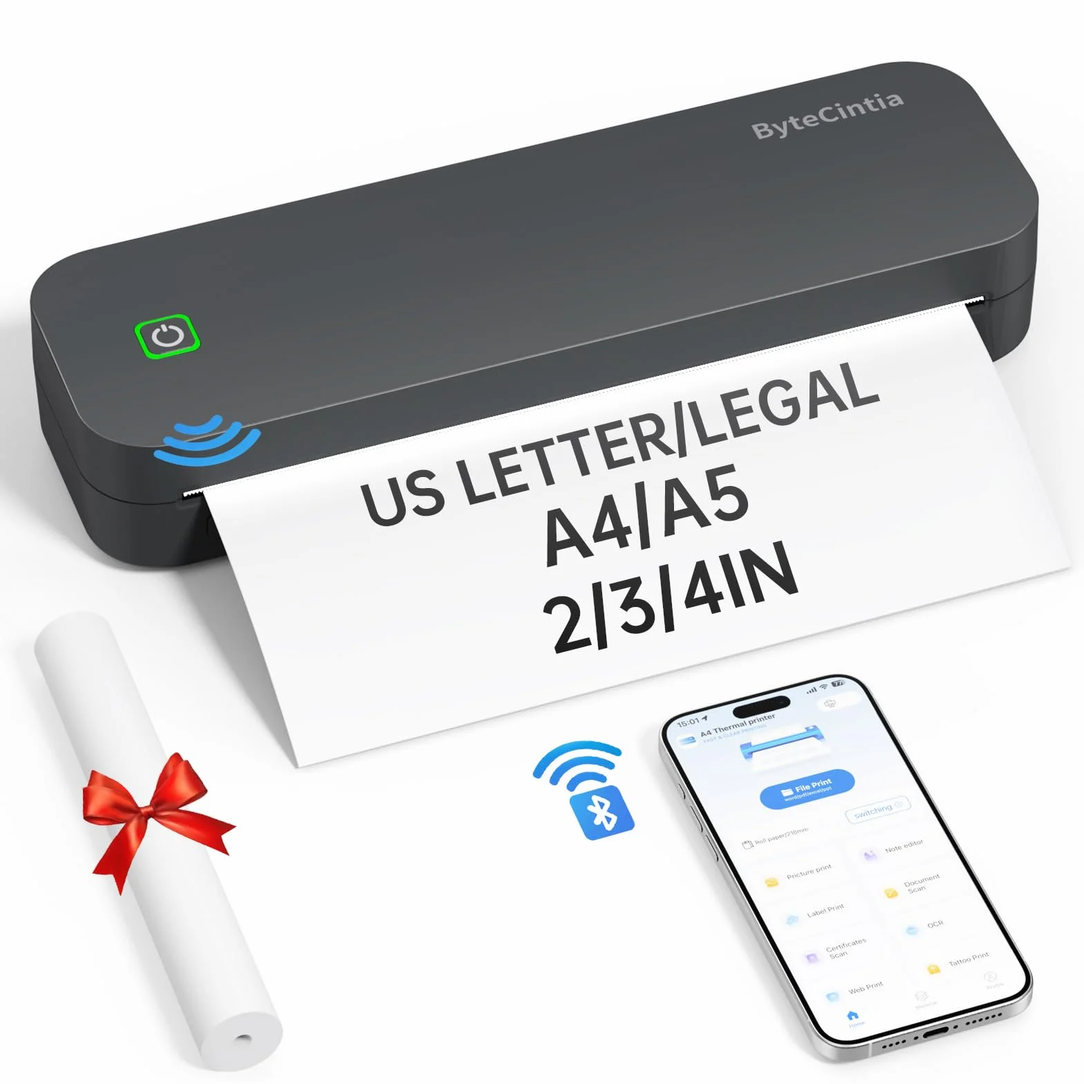 Mobiler Drucker Bluetooth Thermodrucker A4, Tragbarer Drucker Inkless Printermit Android & iOS für Handy & Laptop, Unterstützt 210x297mm A4 Thermopapier, D80 Grau