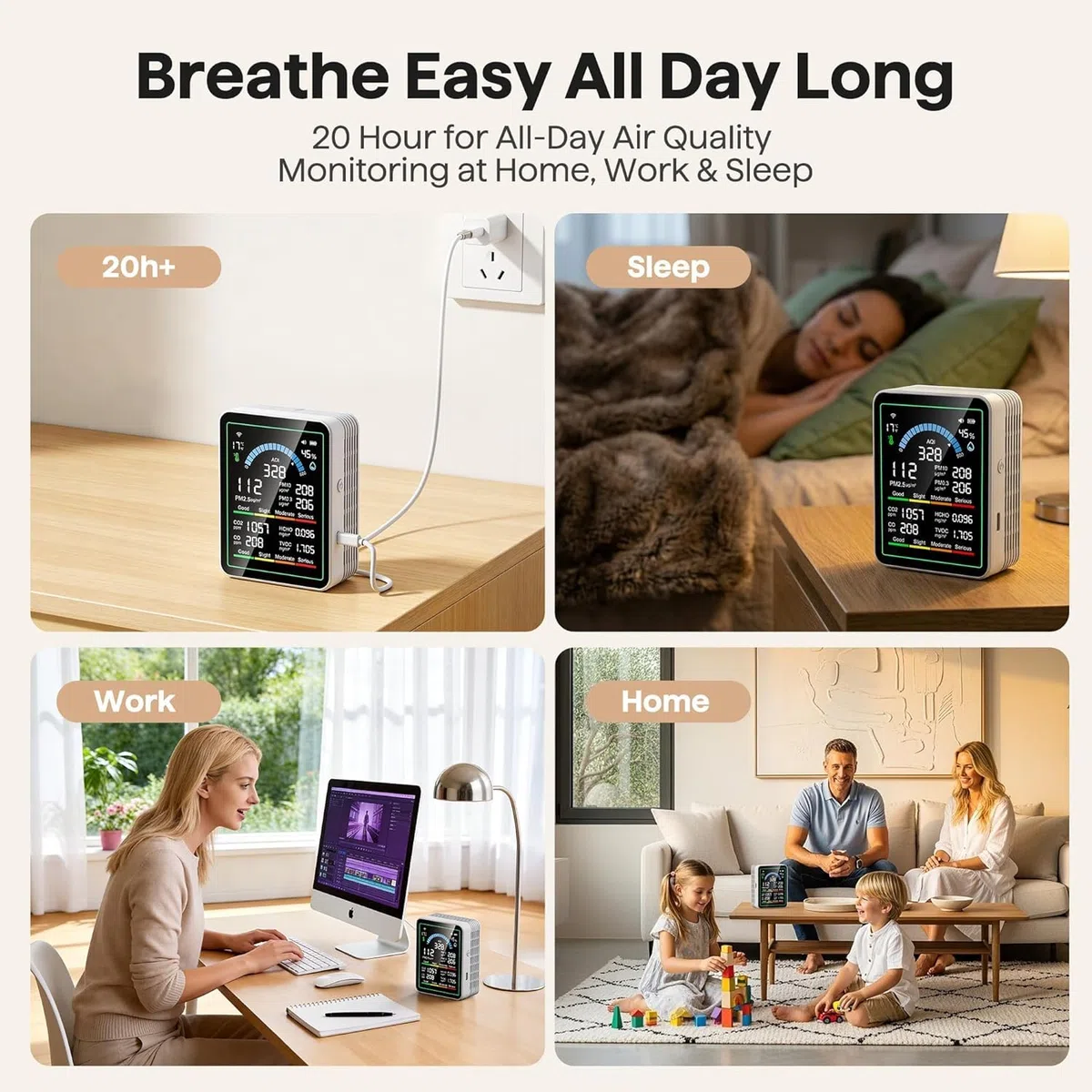 Air Quality Monitor Indoor, 10 in 1 Portable Smartair Quality Tester for CO2 | CO | TVOC | HCHO | Temp | AQI | PM0.3-1 Detection Hum for Home Cars Plants, Pets, Car, Hotel (Black)