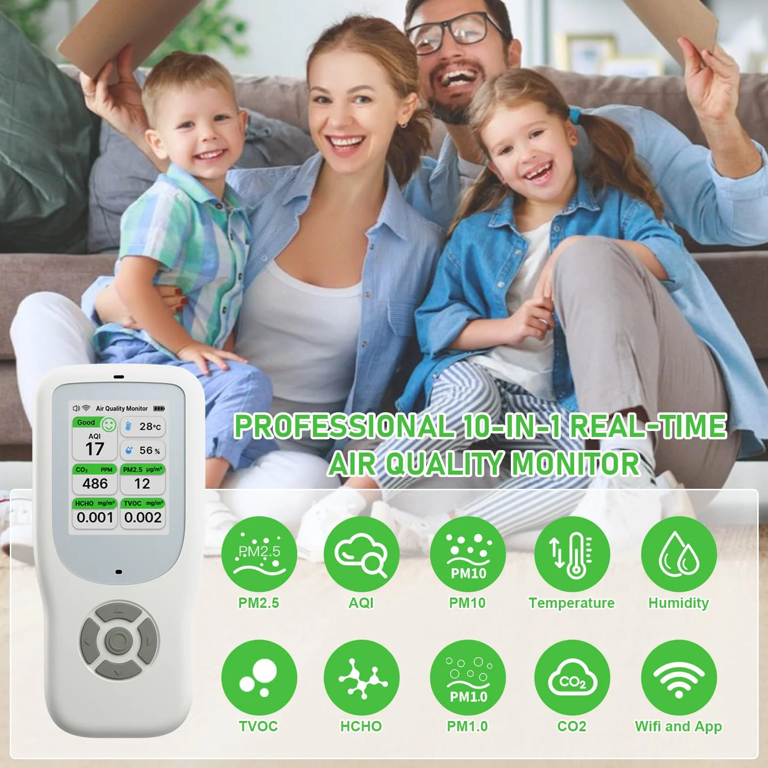 10 IN 1 Luftqualität Messgerät Melder, NDIR WiFi Luftqualitätsmonitor mit AQI/CO2/PM1.0/PM2.5/PM10/HCHO/TVOC, Temperatur & Luftfeuchtigkeit, Tragbar Formaldehyd-Detektor mit Smart APP für Haus Büro