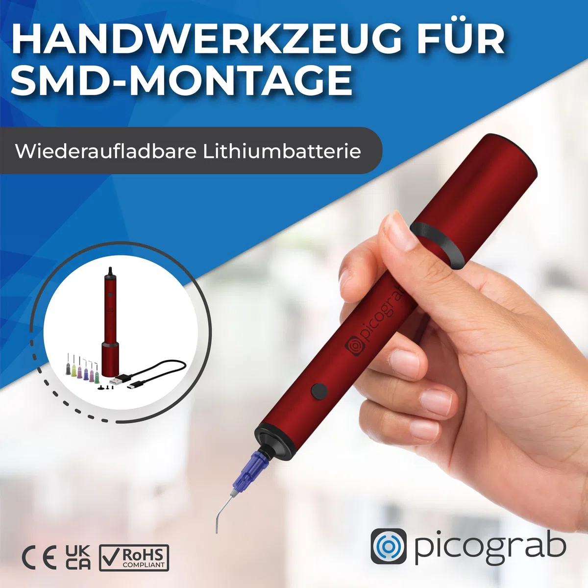 Wiederaufladbarer ESD Vakuum Pickup Stift für IC Bauteilbestückung und SMD Chip Rework, mit 3 Saugnäpfen, 6 austauschbaren Düsen, Aluminiumgehäuse, USB-C-Anschluss und bis zu 10 Stunden Akkulaufzeit