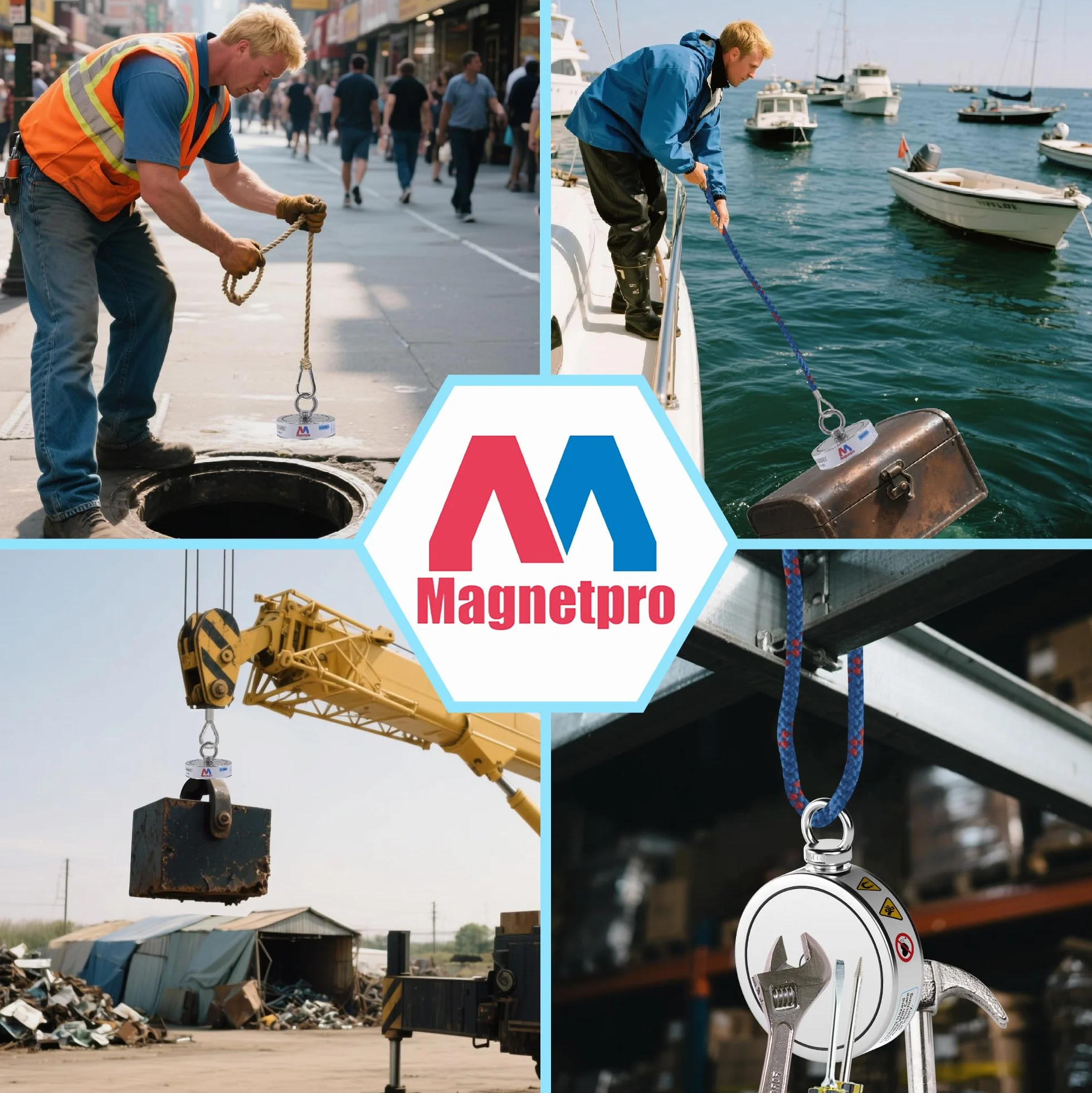 Magnetpro 900 KG Komplettes Abrufmagnet-Set, Doppelseitiges Angelmagnet Enthält einen starken Neodym-Magneten, langlebiges 20-Meter-Seil, Karabiner, Handschuhe, Enterhaken und eine Tragetasche