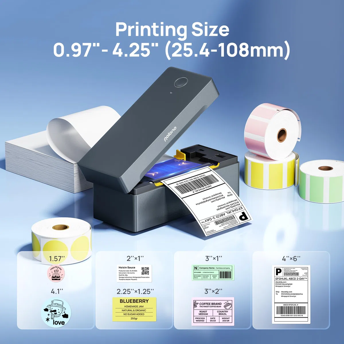 POLONO DHL Etikettendrucker Bluetooth, 4x6 Thermodrucker Versandetiketten Drucker, Ettikettendrucķer Label Printer Kompatibel mit Amazon, Shopify, Etsy, USPS, iOS, Android, Windows, Mac (Grau)