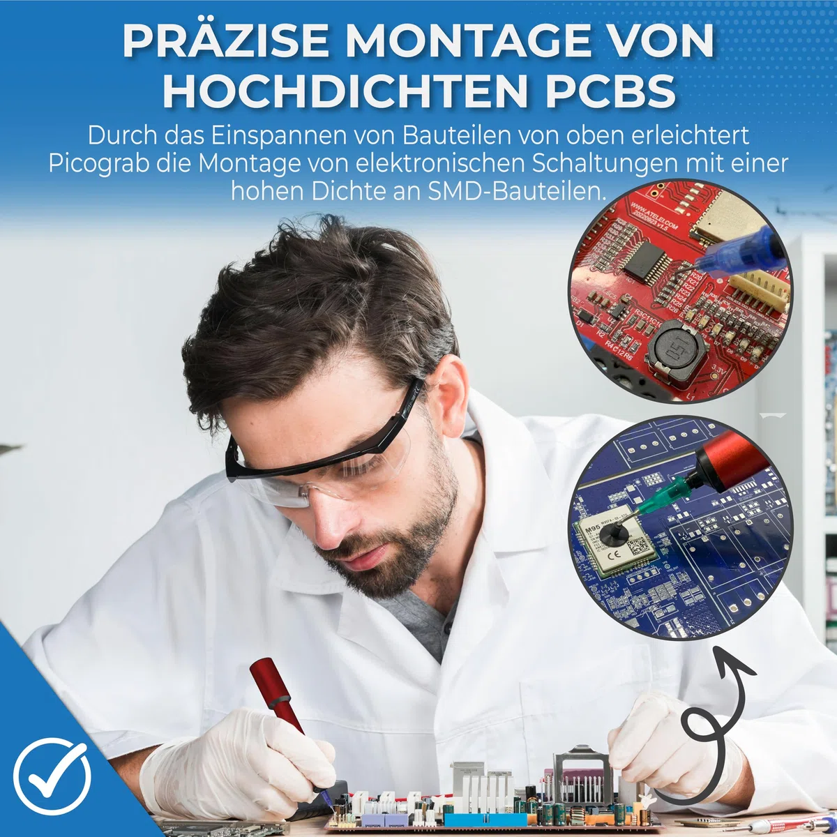 Wiederaufladbarer ESD Vakuum Pickup Stift für IC Bauteilbestückung und SMD Chip Rework, mit 3 Saugnäpfen, 6 austauschbaren Düsen, Aluminiumgehäuse, USB-C-Anschluss und bis zu 10 Stunden Akkulaufzeit