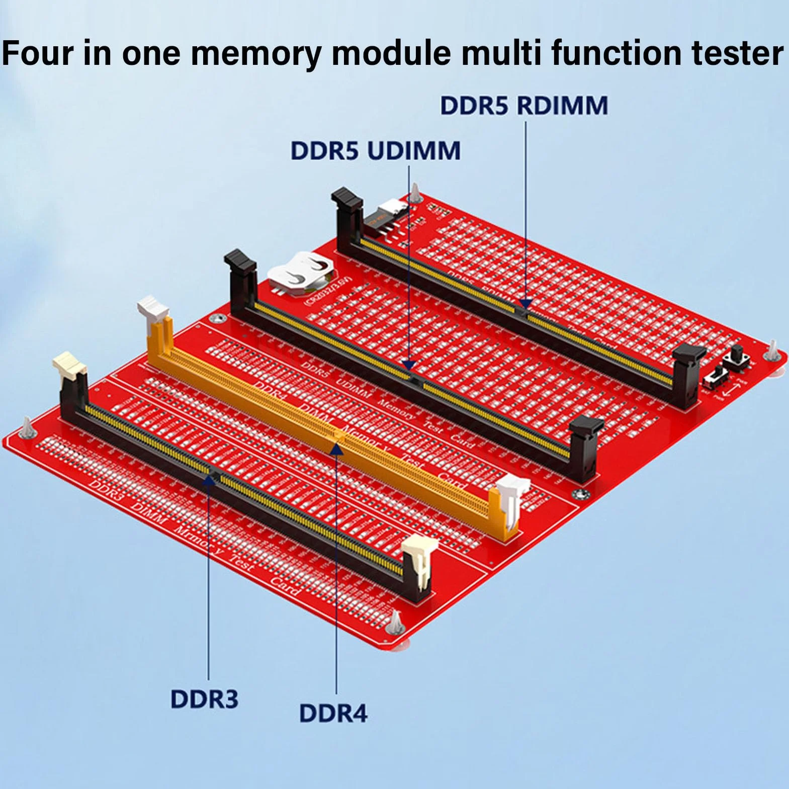 RAM-Speichertesterkarte, 4-in-1-DDR3-DDR4-DDR5-Server-DDR5-Tester mit LED-Anzeige und Doppelter Stromversorgung, Zum Testen der Speicherhardware von Desktop-Computern