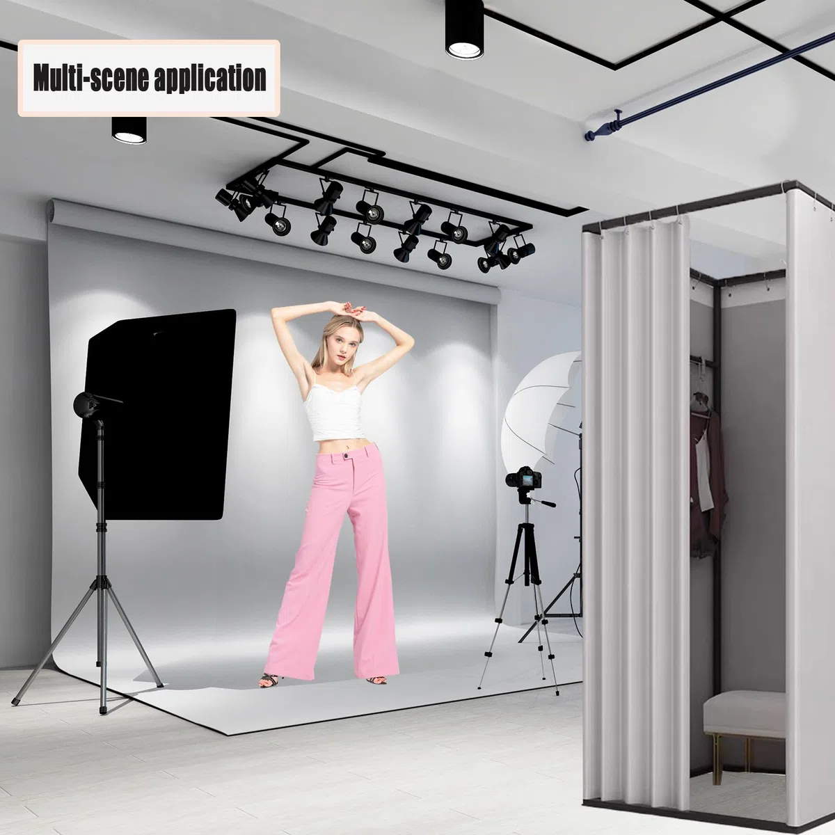 TEENKON Umkleidekabine Freistehend, Bodenstehende Tragbarer Umkleideraum für Büro Einkaufszentrum Bekleidungsgeschäft Fotostudios Boutiquen, Einfach Beweglicher Anproberaum (Grau, 120x120x200 cm)