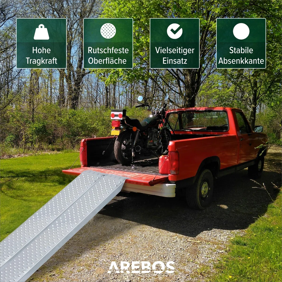 Arebos 2X Auffahrrampe | Motorrad Verladerampe | Verladeschiene verzinkter Stahl | 200kg pro Stück, 400kg pro Paar | Auffahrschienen Motorrad ATV Quad PKW Auto Laderampe | Anhängerrampe | Silber