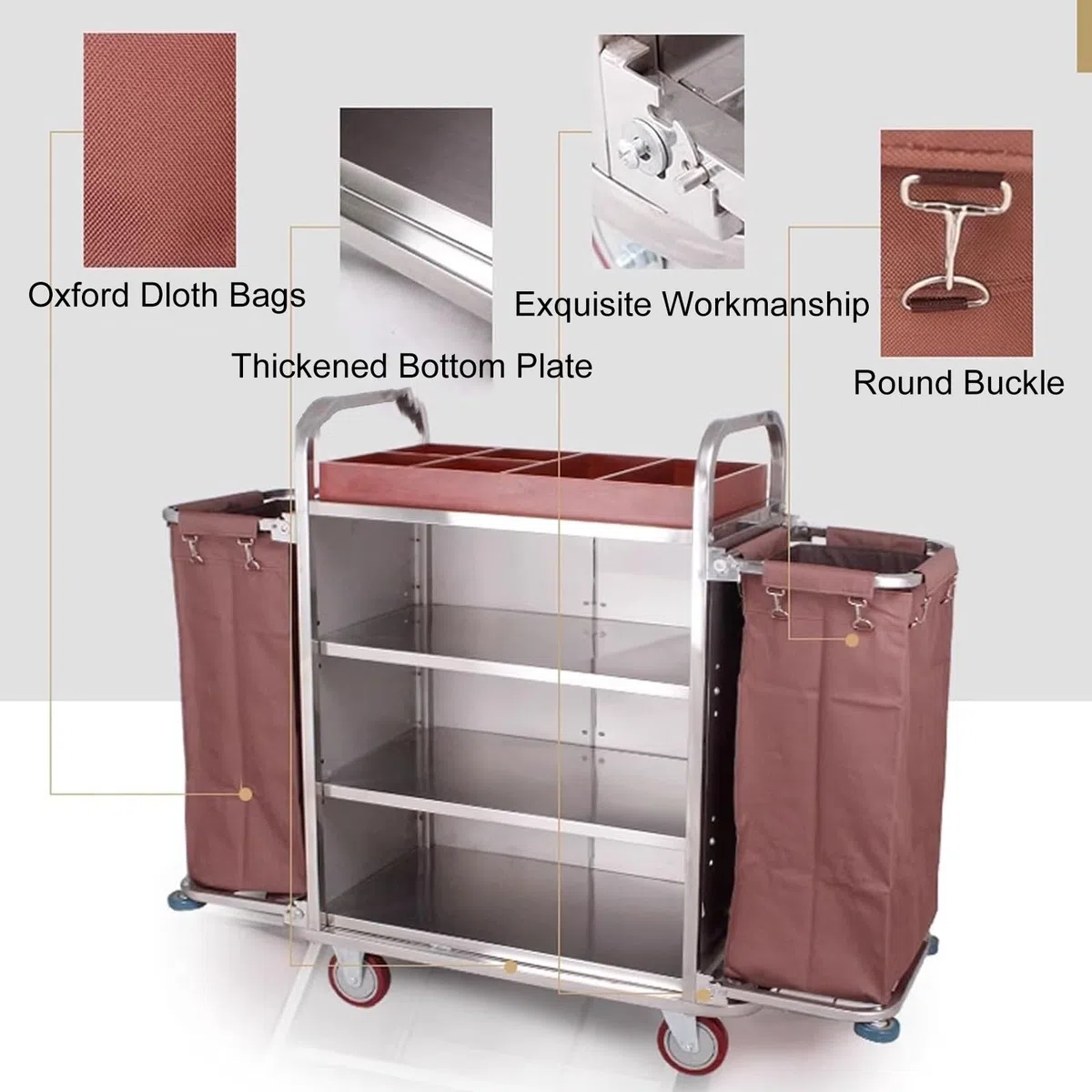 Hotel und Housekeeping-Wagen mit Rädern, Multifunktionaler Gewerblicher Reinigungswagen, Wäschekorbwagen, Abnehmbarer Stoffbeutel, Edelstahlrahmen