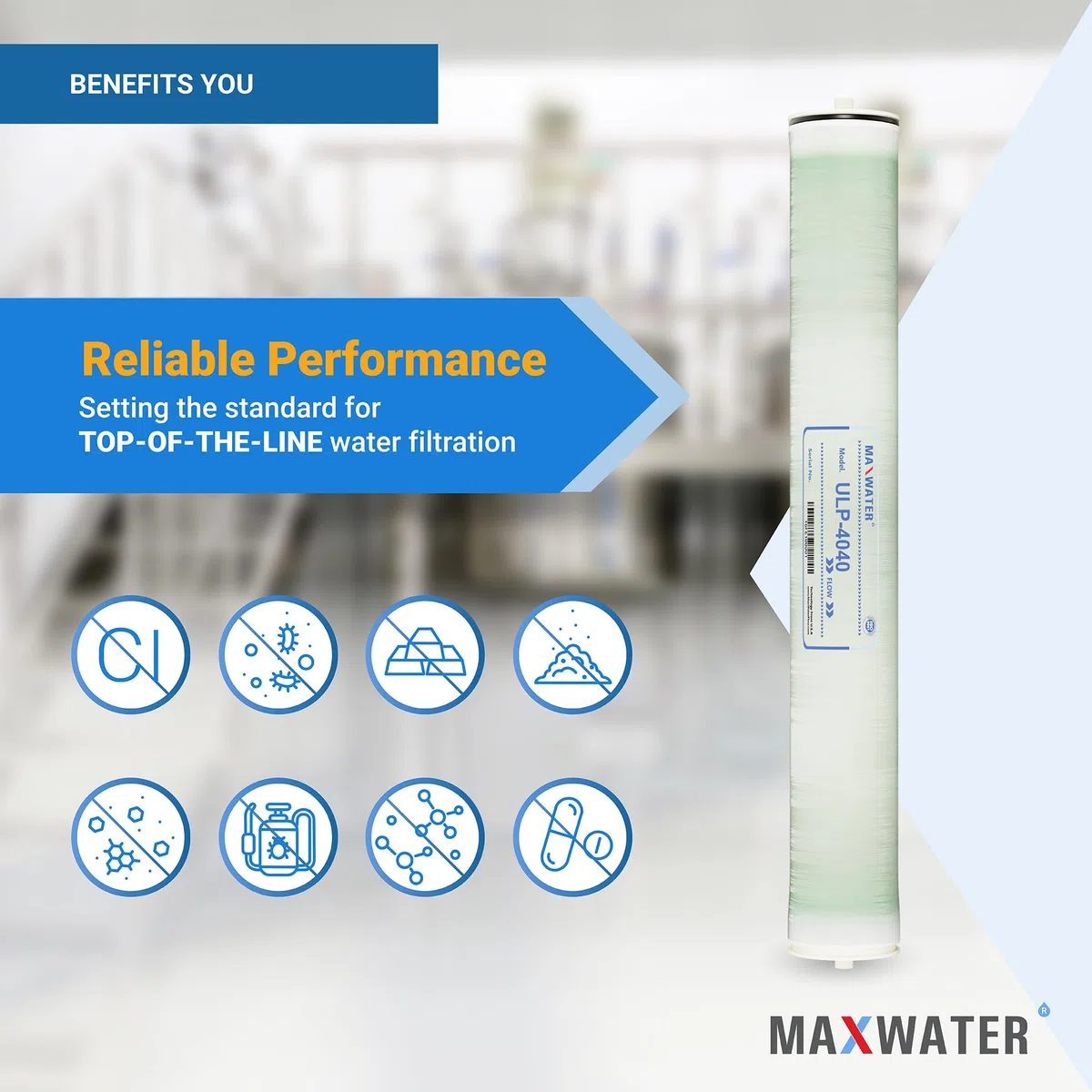 Max Water ULP-4040 Umkehrosmose, 10,2 x 101,6 cm, RO-Membran, 2600 GPD, ULP 4040 für Wasserreinigung, Entsalzung, Gewerbe, Industrie, Landwirtschaft, kompatibel mit Dow Filmtec AG4040FF, TW30-4040
