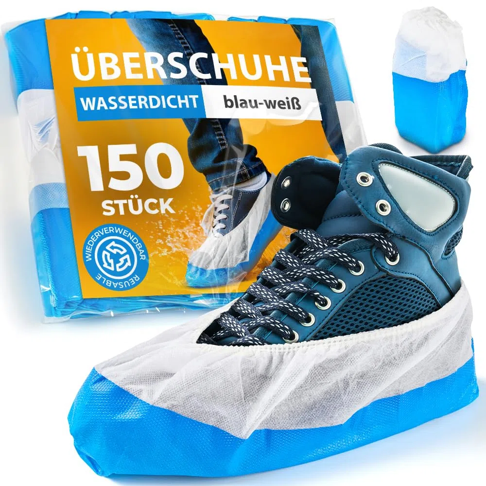 ISC Hygiene & Safety Schuhüberzieher – rutschfest, 150 Stk., blau-weiß | Überschuhe, Einweg Mehrweg, wasserdicht, extra stark, reißfest, durchriebsicher, Indoor Outdoor