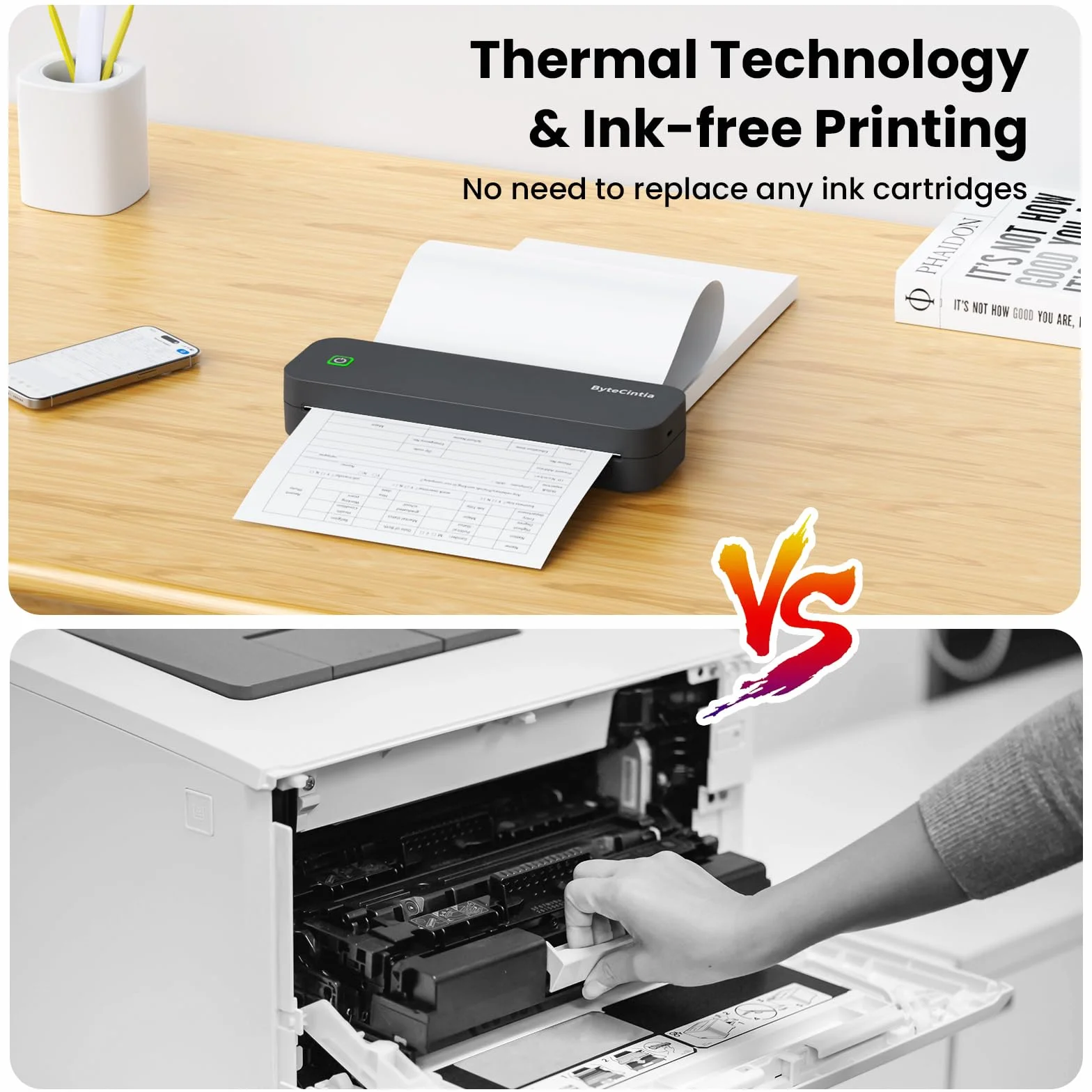 Mobiler Drucker Bluetooth Thermodrucker A4, Tragbarer Drucker Inkless Printermit Android & iOS für Handy & Laptop, Unterstützt 210x297mm A4 Thermopapier, D80 Grau