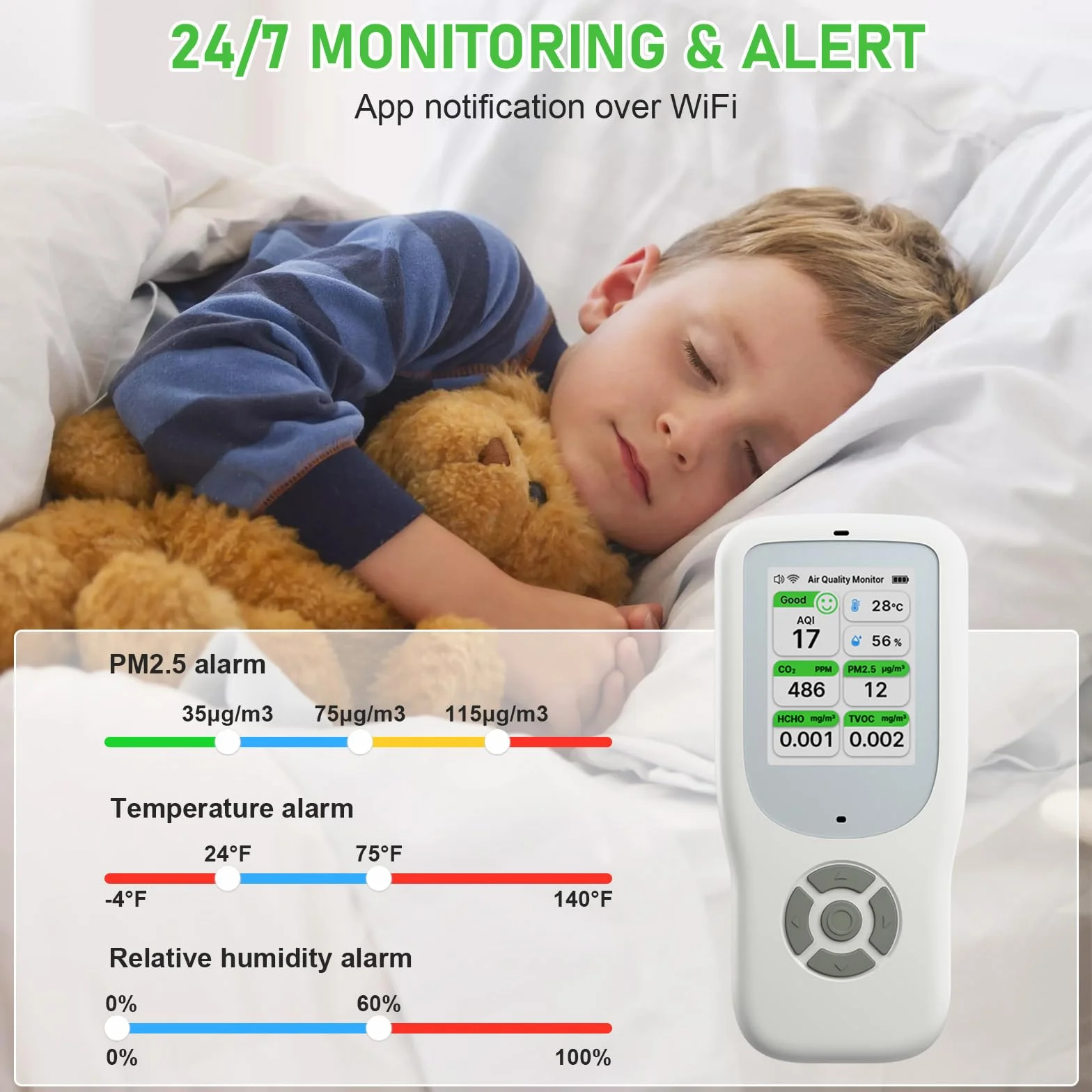 10 IN 1 Luftqualität Messgerät Melder, NDIR WiFi Luftqualitätsmonitor mit AQI/CO2/PM1.0/PM2.5/PM10/HCHO/TVOC, Temperatur & Luftfeuchtigkeit, Tragbar Formaldehyd-Detektor mit Smart APP für Haus Büro