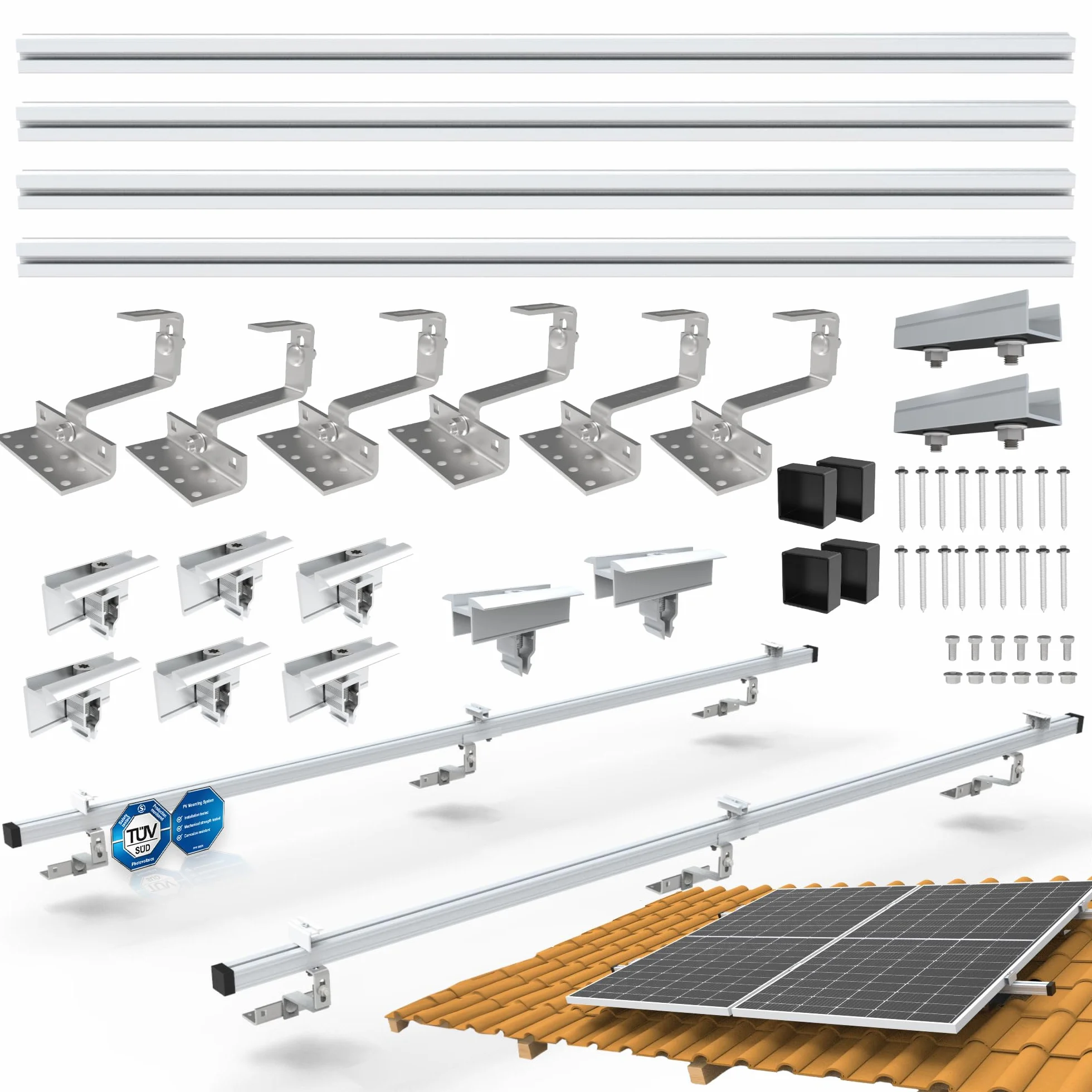 PV Halterung Ziegeldach Set 2 Module – Solarmodul & Solarpanel Halterung | Balkonkraftwerk Dachmontage | Dachhaken inkl. Aluprofil, Schienen, 35mm Endklammern | bis 115/230 cm Breite | Silber