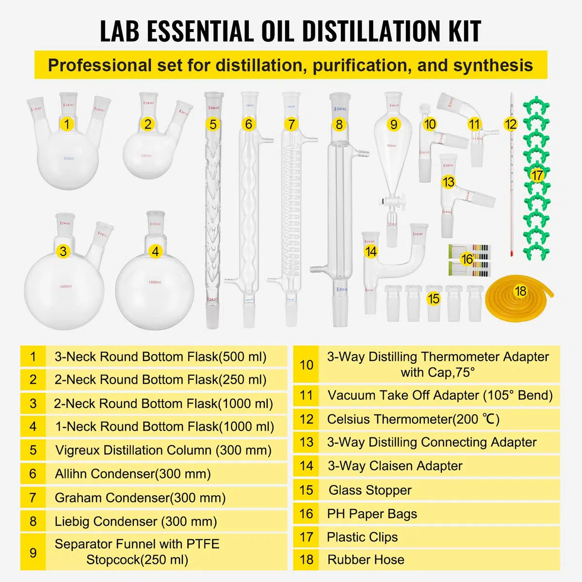Chrisun Labor-Gläserwaren-Set, 32-teilig, Ausrüstung für Destillation, Labor, Chemie, Borosilikatglas, 3,3 Bio, Glaswaren, Labormaterial, Laborglas