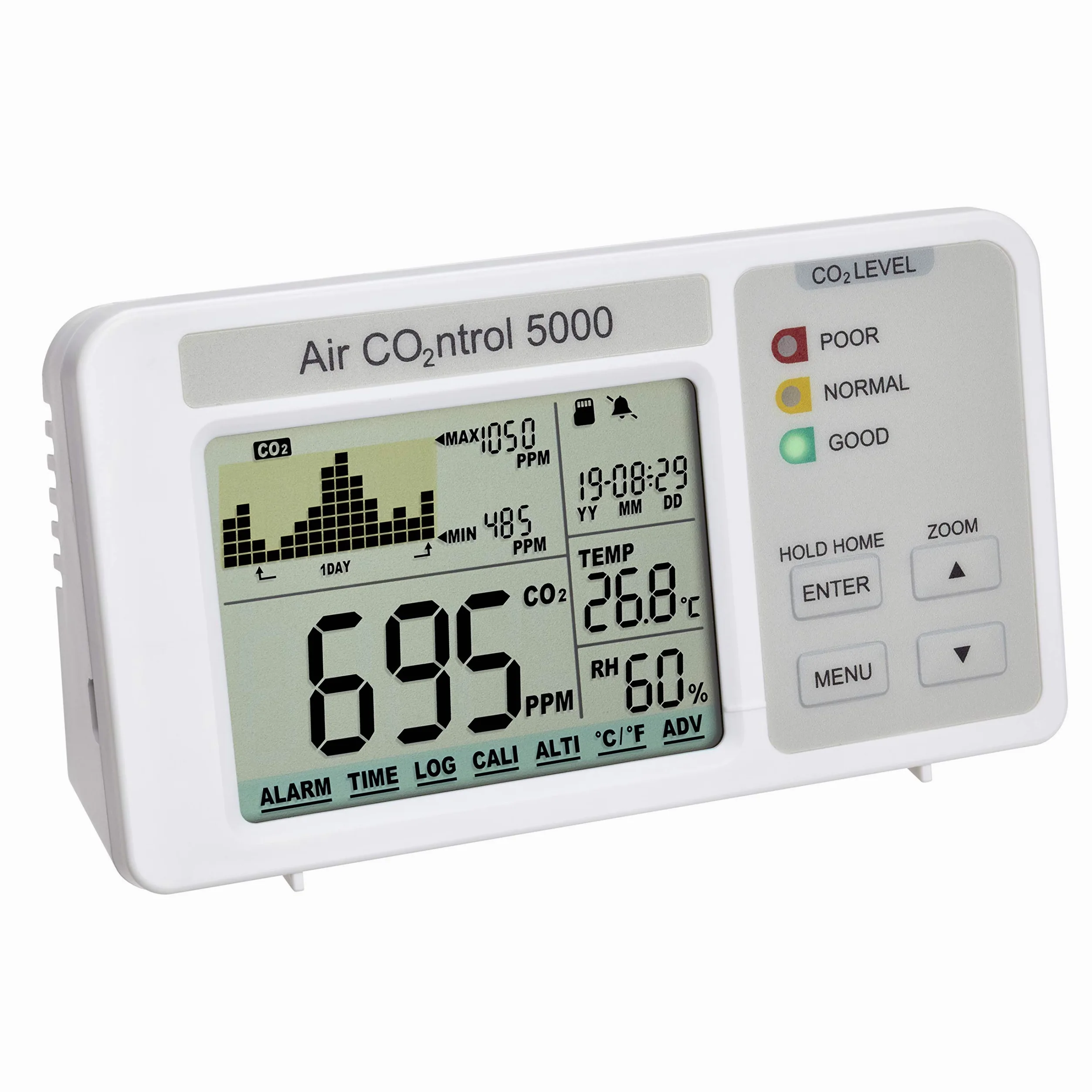 TFA Dostmann AIRCO2NTROL 5000 CO2-Messgerät mit Datenlogger, 31.5008.02, Raumluft mit Uhrzeit, Raumtemperatur, Luftfeuchtigkeit, mit grafischer Darstellung, Ampelanzeige, 12 x 3,3 cm, weiß